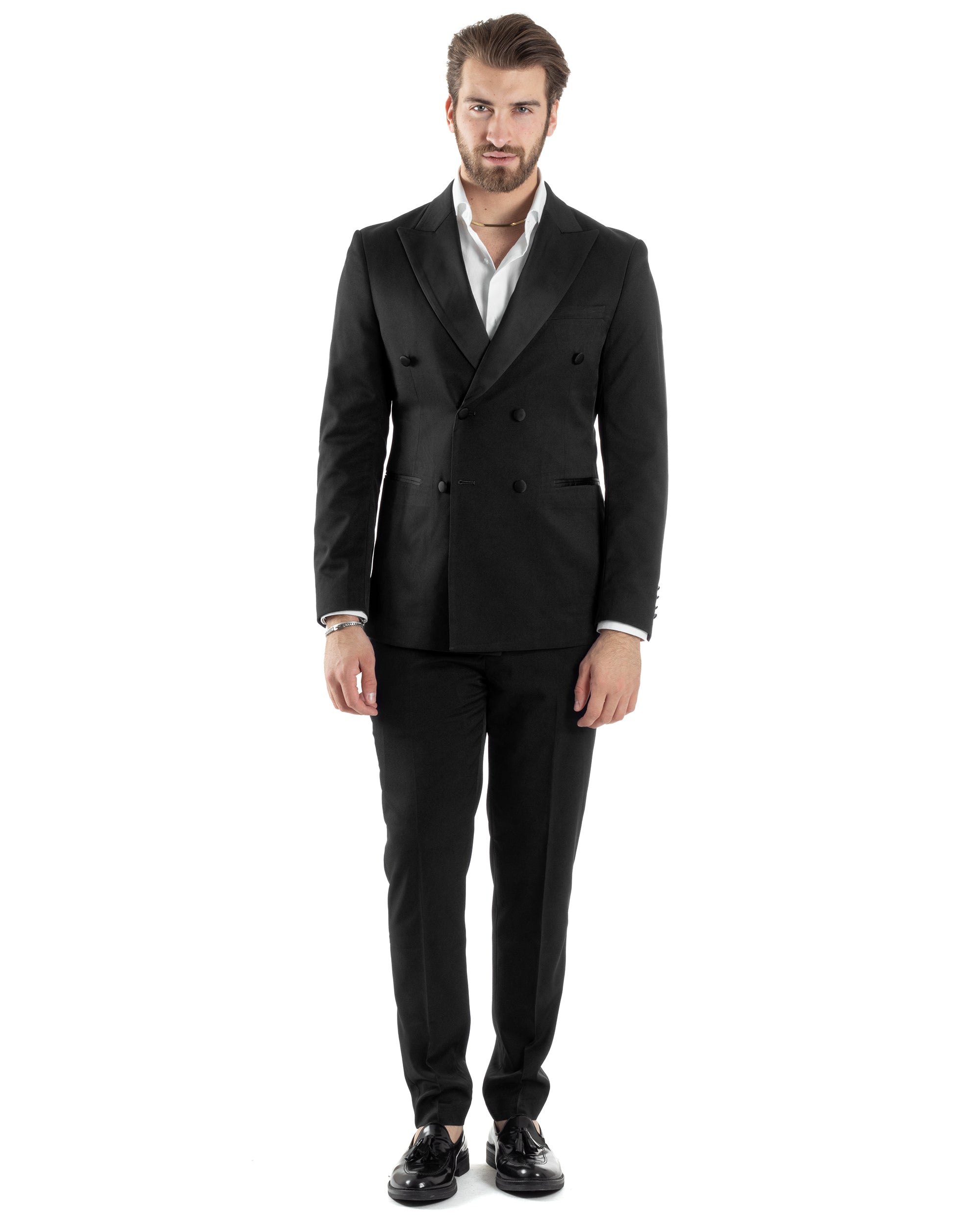 Abito Uomo Doppiopetto Vestito Completo Giacca Rever In Raso Pantaloni Abbottonatura Allungata Smoking Elegante Nero GIOSAL-AE1051A