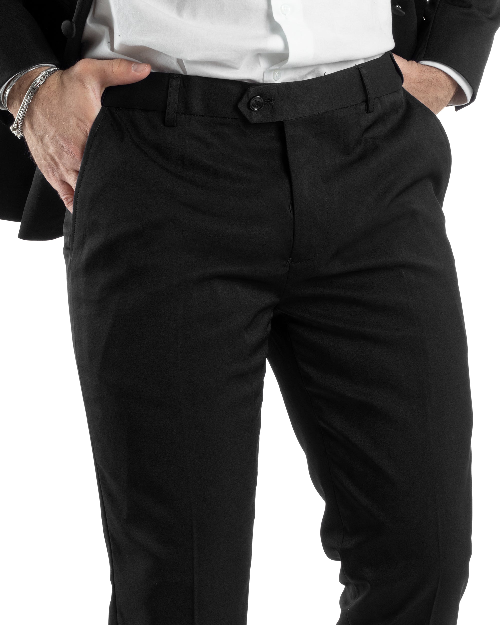 Abito Uomo Doppiopetto Vestito Completo Giacca Rever In Raso Pantaloni Abbottonatura Allungata Smoking Elegante Nero GIOSAL-AE1051A
