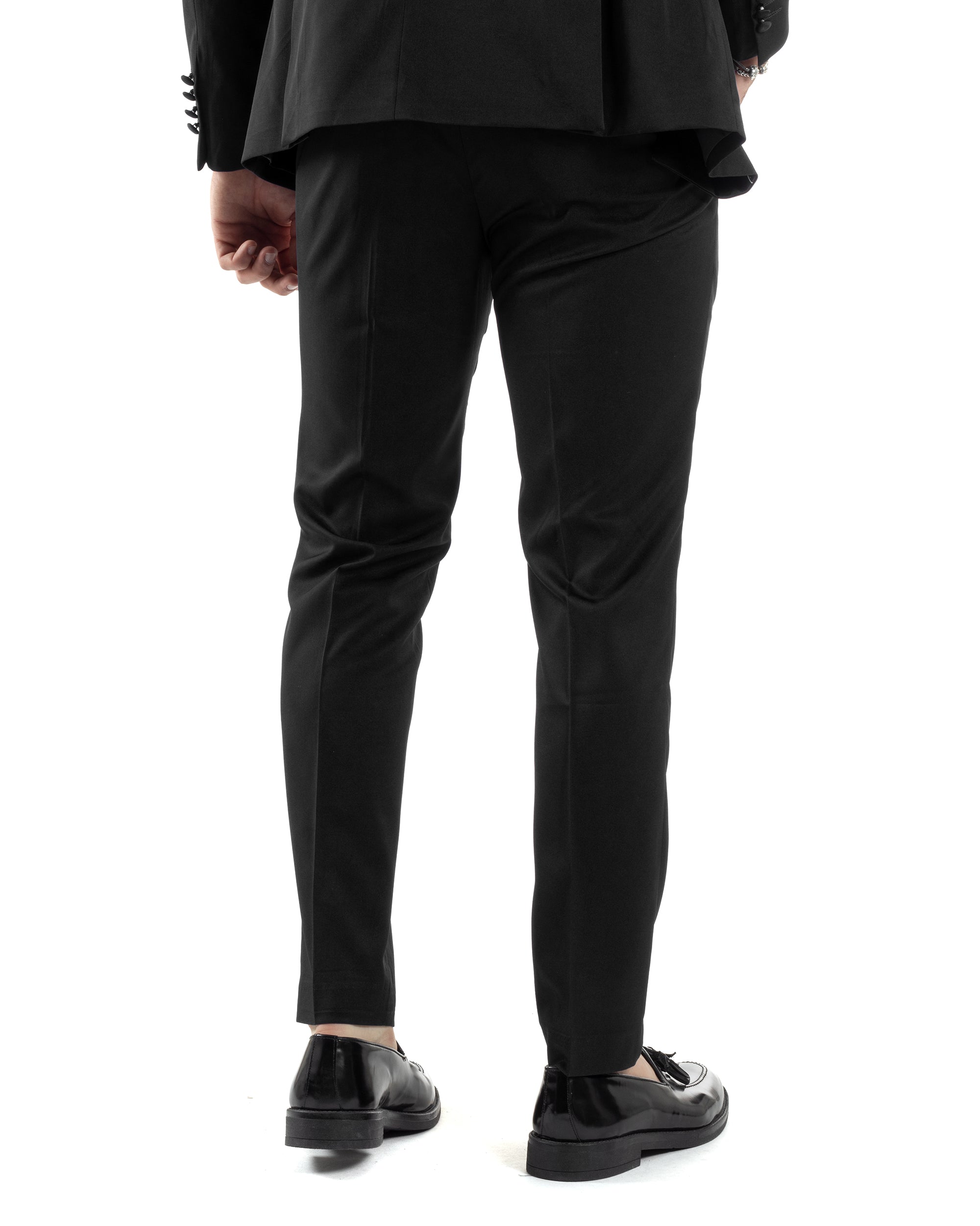 Abito Uomo Doppiopetto Vestito Completo Giacca Rever In Raso Pantaloni Smoking Nero AE1051A