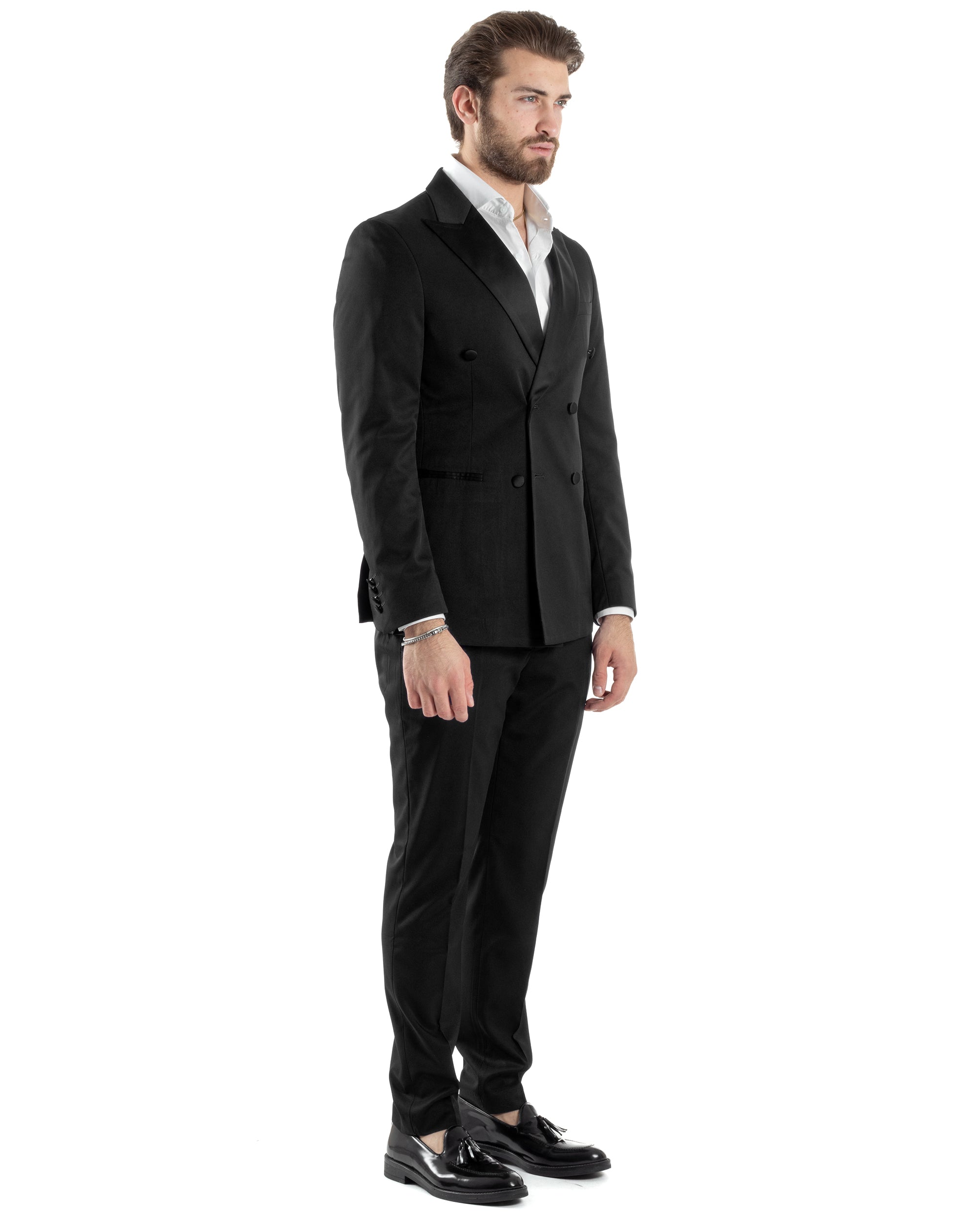 Abito Uomo Doppiopetto Vestito Completo Giacca Rever In Raso Pantaloni Abbottonatura Allungata Smoking Elegante Nero GIOSAL-AE1051A