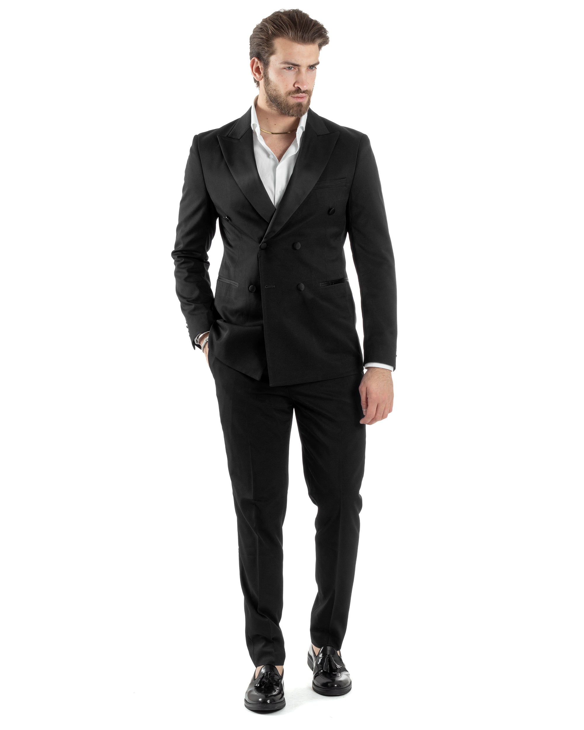 Abito Uomo Doppiopetto Vestito Completo Giacca Rever In Raso Pantaloni Smoking Nero AE1051A