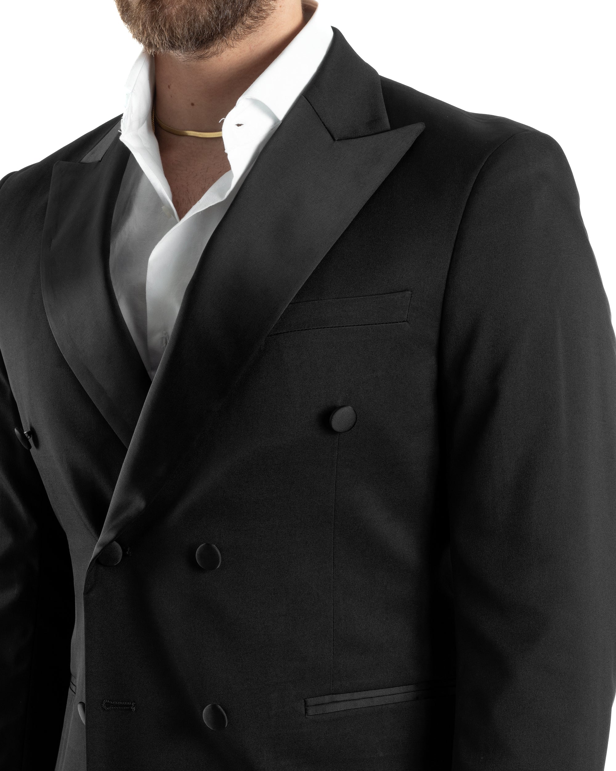 Abito Uomo Doppiopetto Vestito Completo Giacca Rever In Raso Pantaloni Abbottonatura Allungata Smoking Elegante Nero GIOSAL-AE1051A