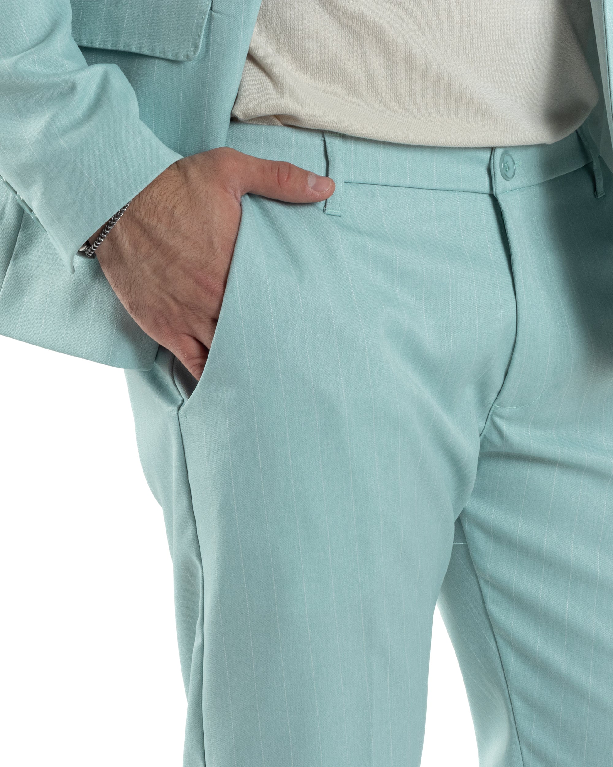 Abito Uomo Doppiopetto Vestito Completo Giacca Pantaloni Verde Acqua Gessato Elegante Casual GIOSAL-AE1052A