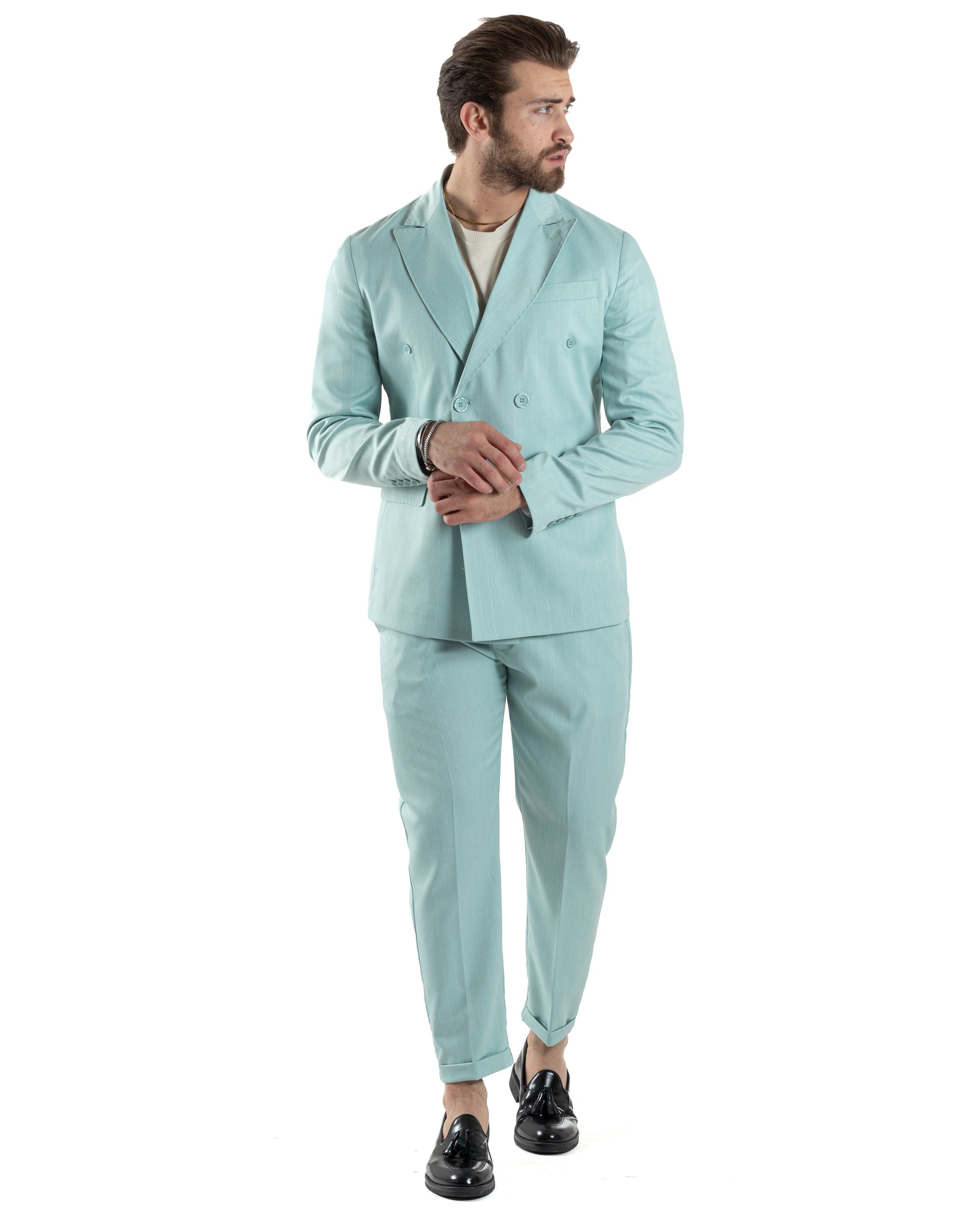 Abito Uomo Doppiopetto Vestito Completo Giacca Pantaloni Verde Acqua Gessato Elegante Casual GIOSAL-AE1052A