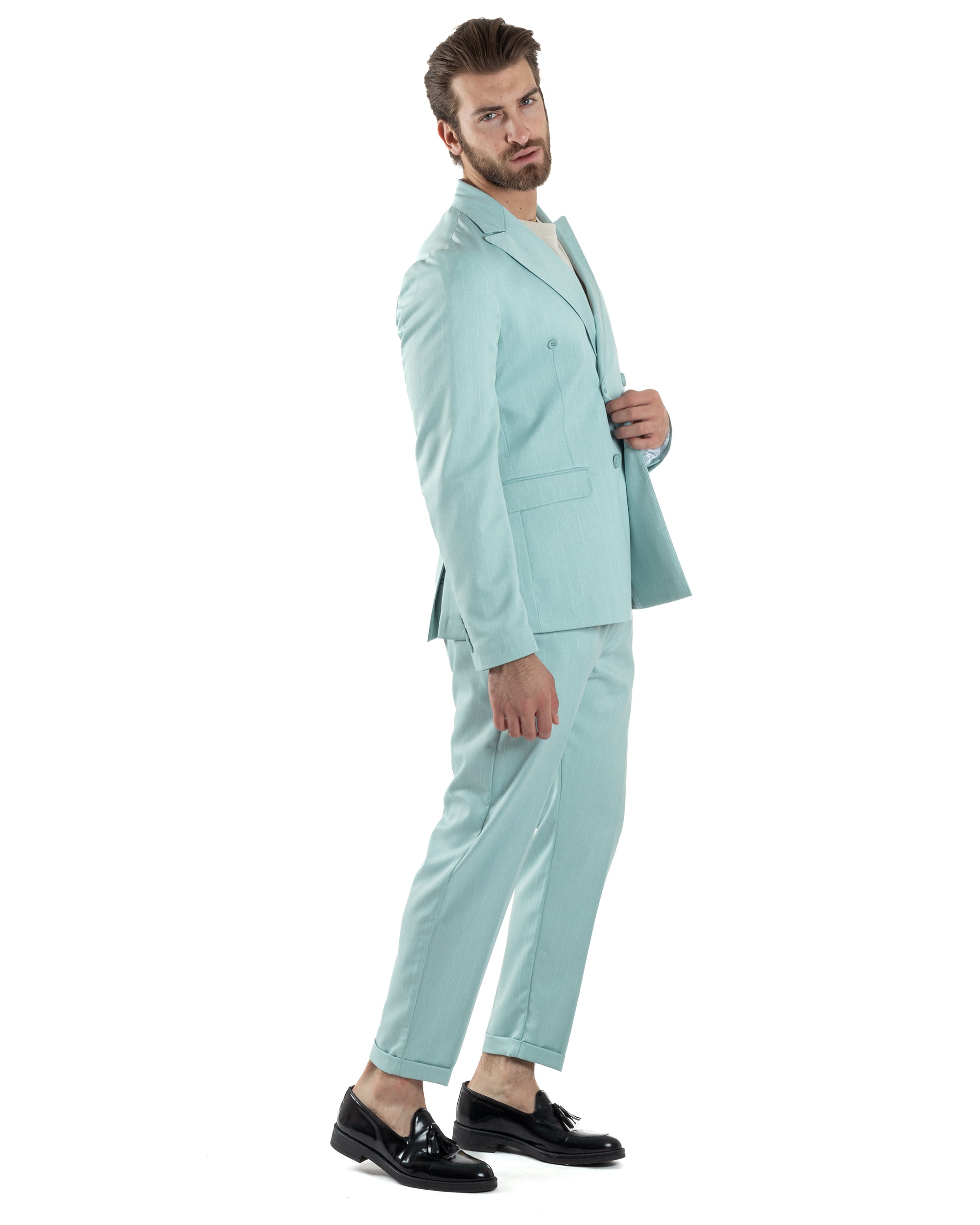 Abito Uomo Doppiopetto Vestito Completo Giacca Pantaloni Verde Acqua Gessato Elegante Casual GIOSAL-AE1052A