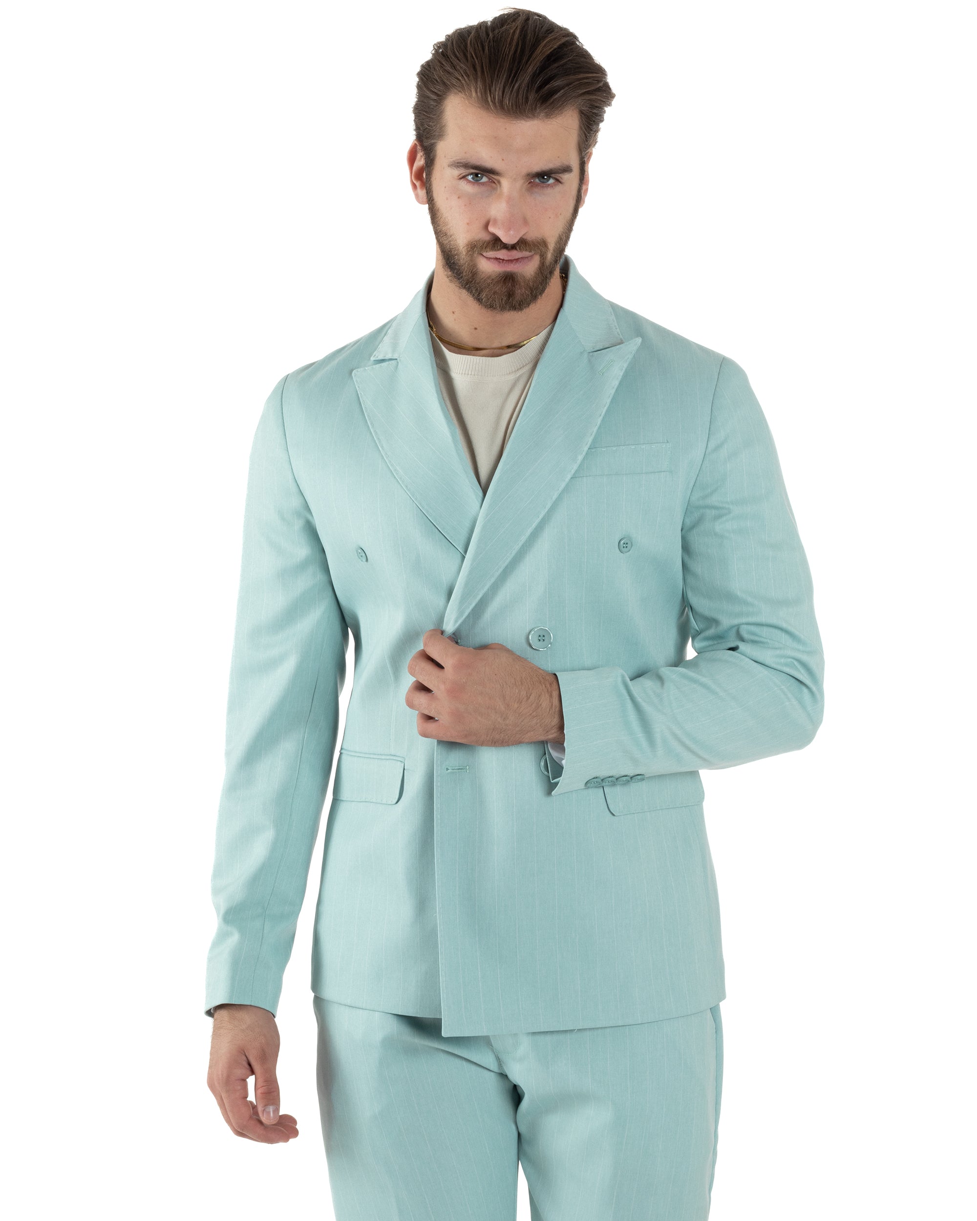 Abito Uomo Doppiopetto Vestito Completo Giacca Pantaloni Verde Acqua Gessato Elegante Casual GIOSAL-AE1052A