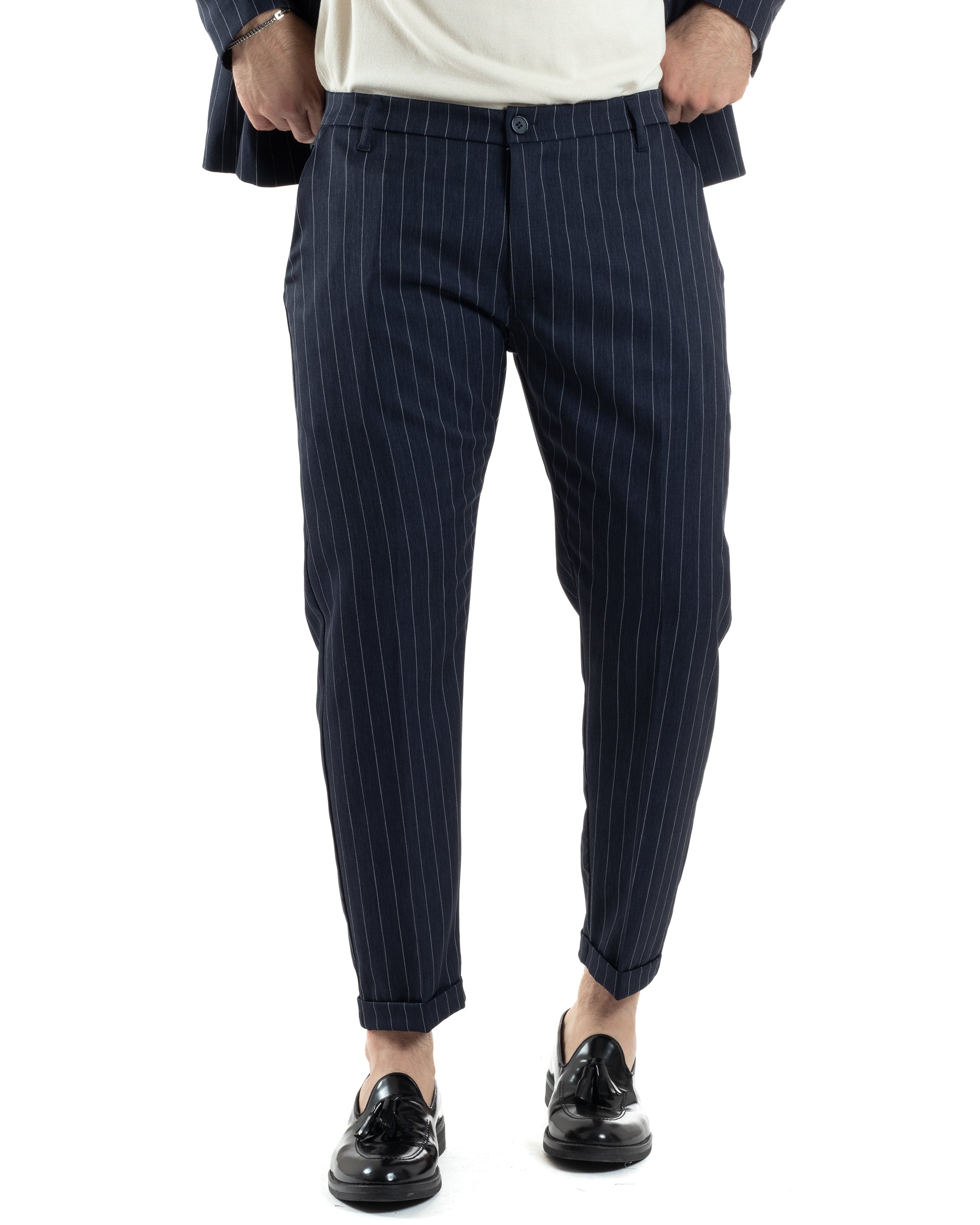 Abito Uomo Doppiopetto Vestito Completo Giacca Pantaloni Blu Gessato Elegante Casual GIOSAL-AE1053A