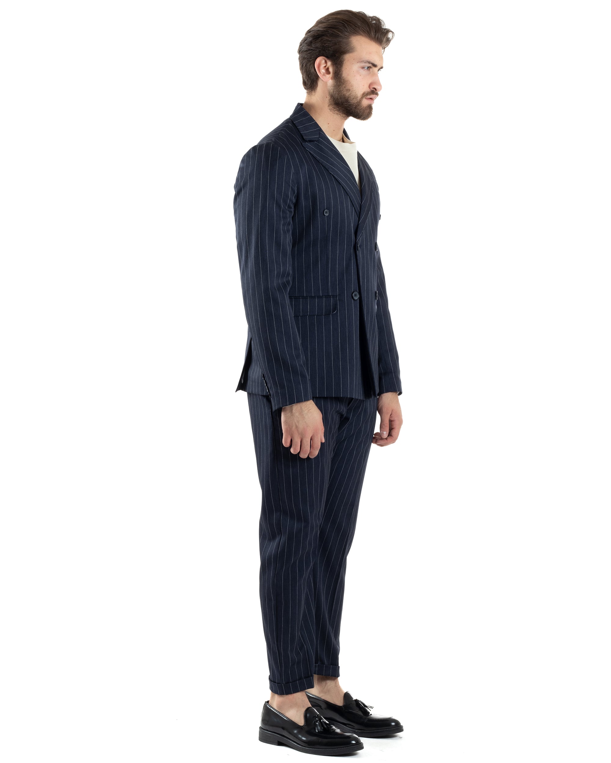 Abito Uomo Doppiopetto Vestito Completo Giacca Pantaloni Blu Gessato Elegante Casual GIOSAL-AE1053A