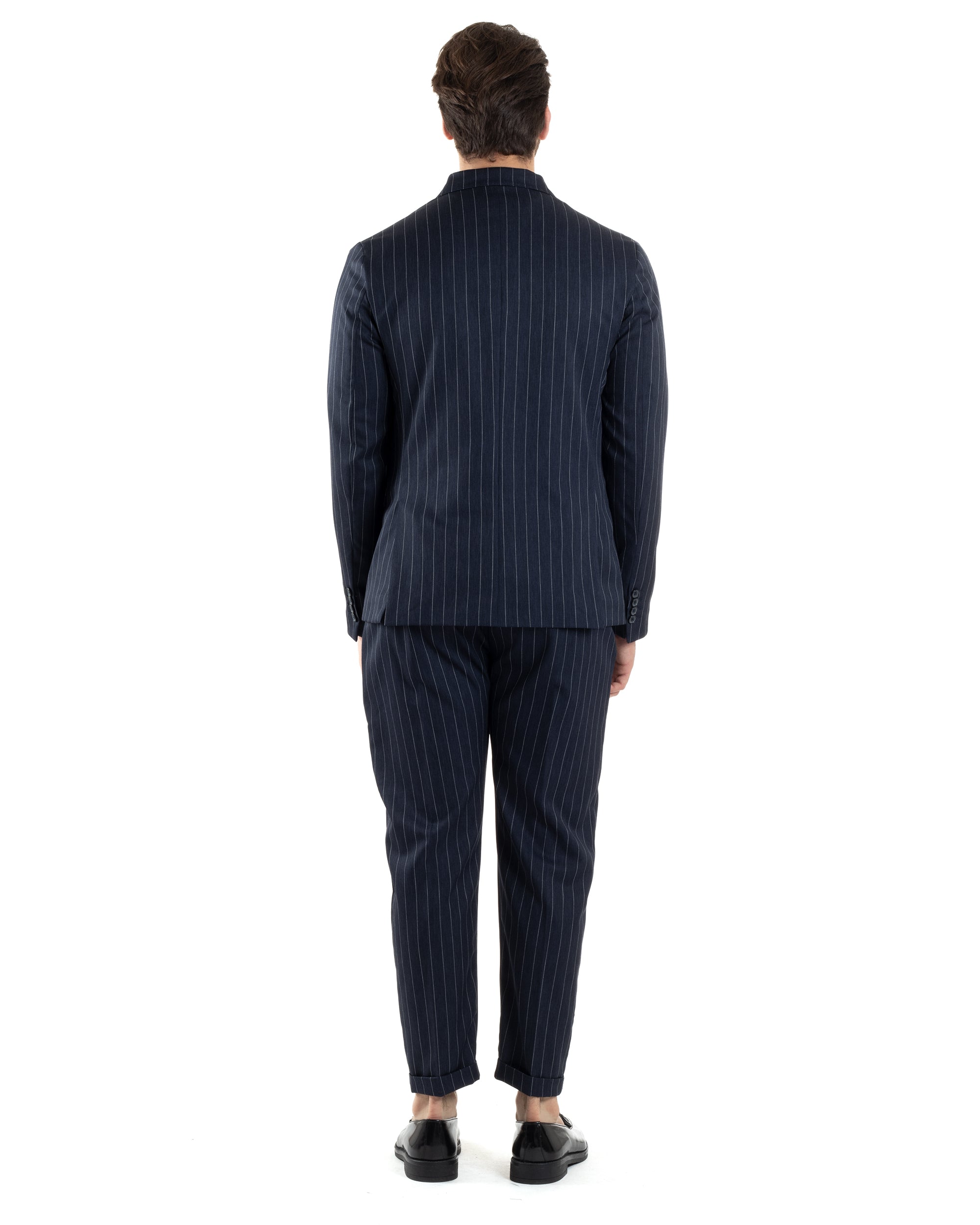 Abito Uomo Doppiopetto Vestito Completo Giacca Pantaloni Blu Gessato Elegante Casual GIOSAL-AE1053A