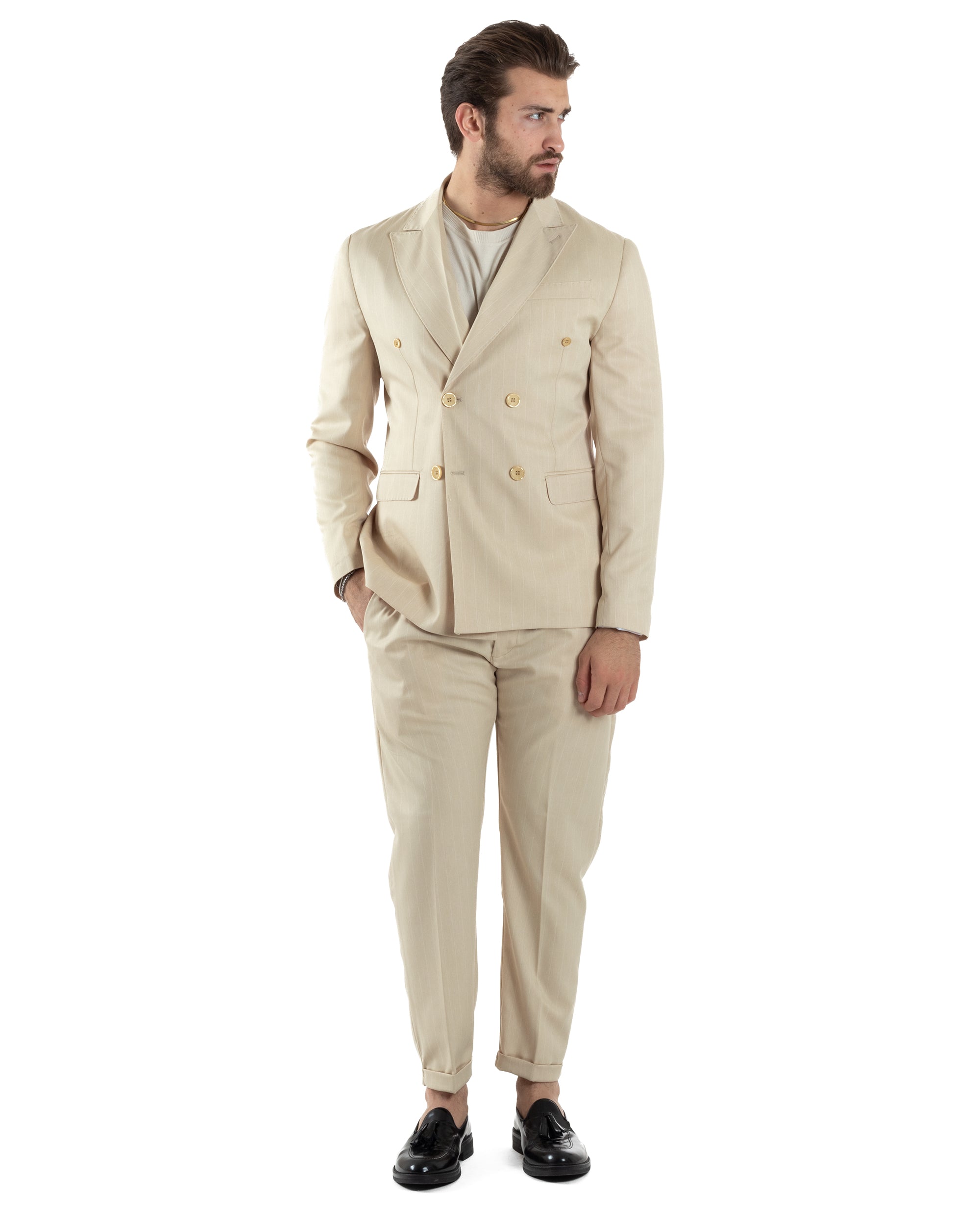 Abito Uomo Doppiopetto Vestito Completo Giacca Pantaloni Beige Gessato Elegante Casual GIOSAL-AE1054A