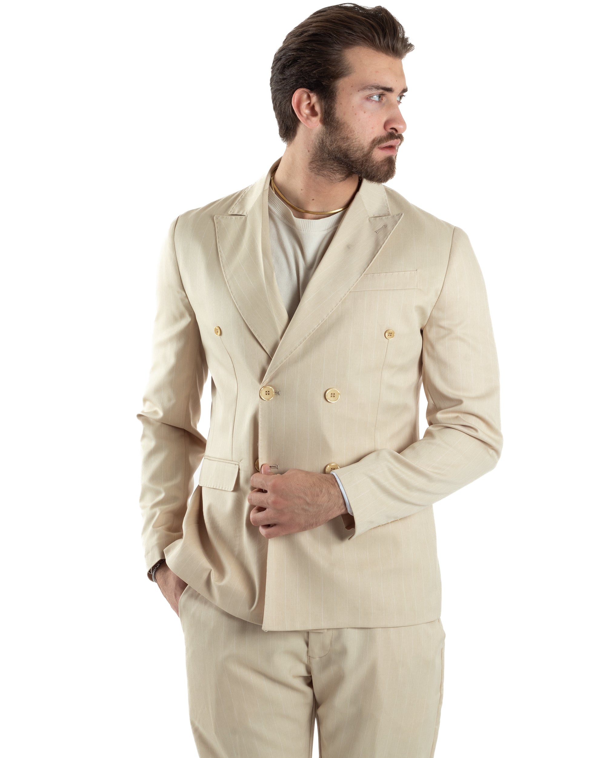 Abito Uomo Doppiopetto Vestito Completo Giacca Pantaloni Beige Gessato Elegante Casual GIOSAL-AE1054A