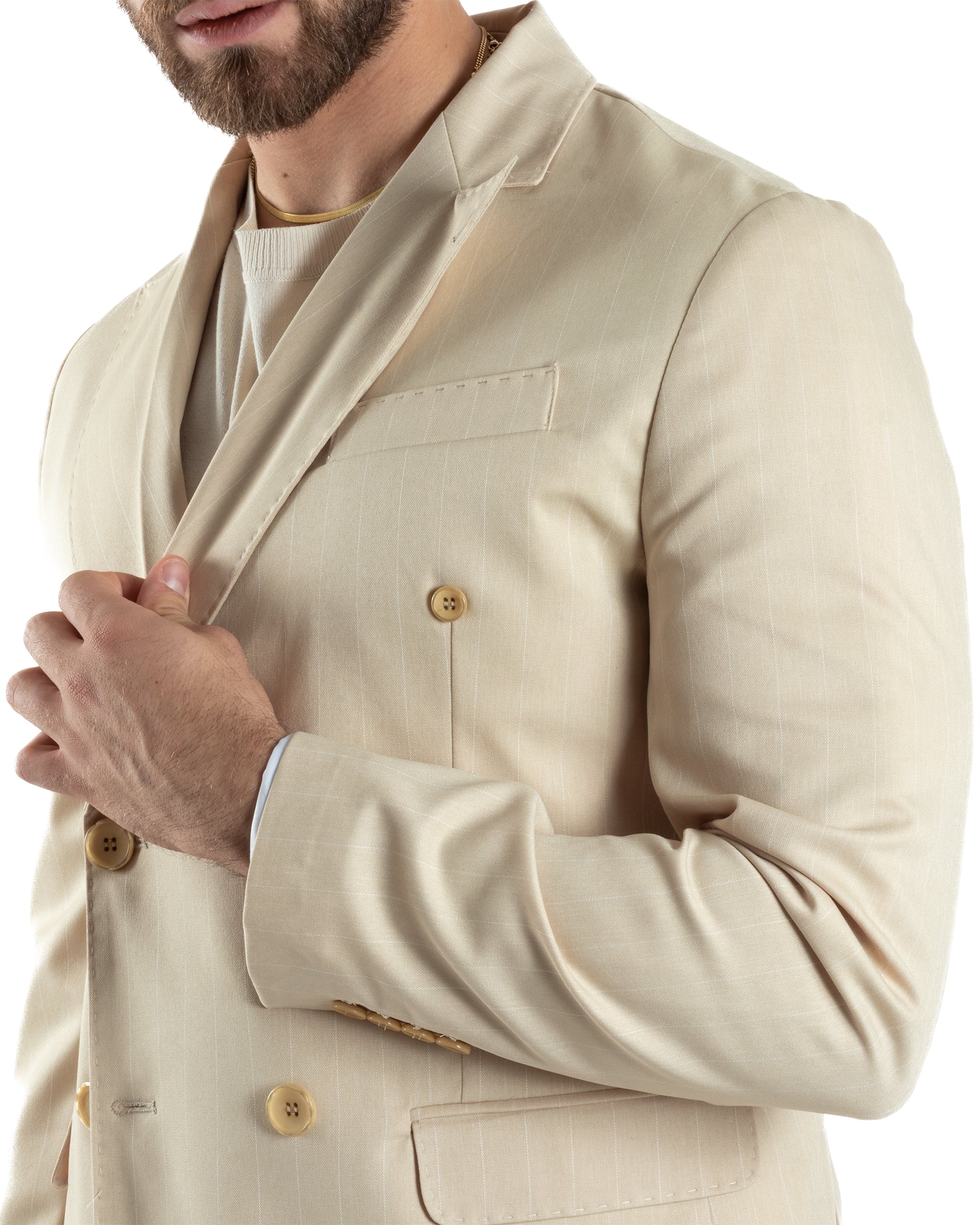 Abito Uomo Doppiopetto Vestito Completo Giacca Pantaloni Beige Gessato Elegante Casual GIOSAL-AE1054A