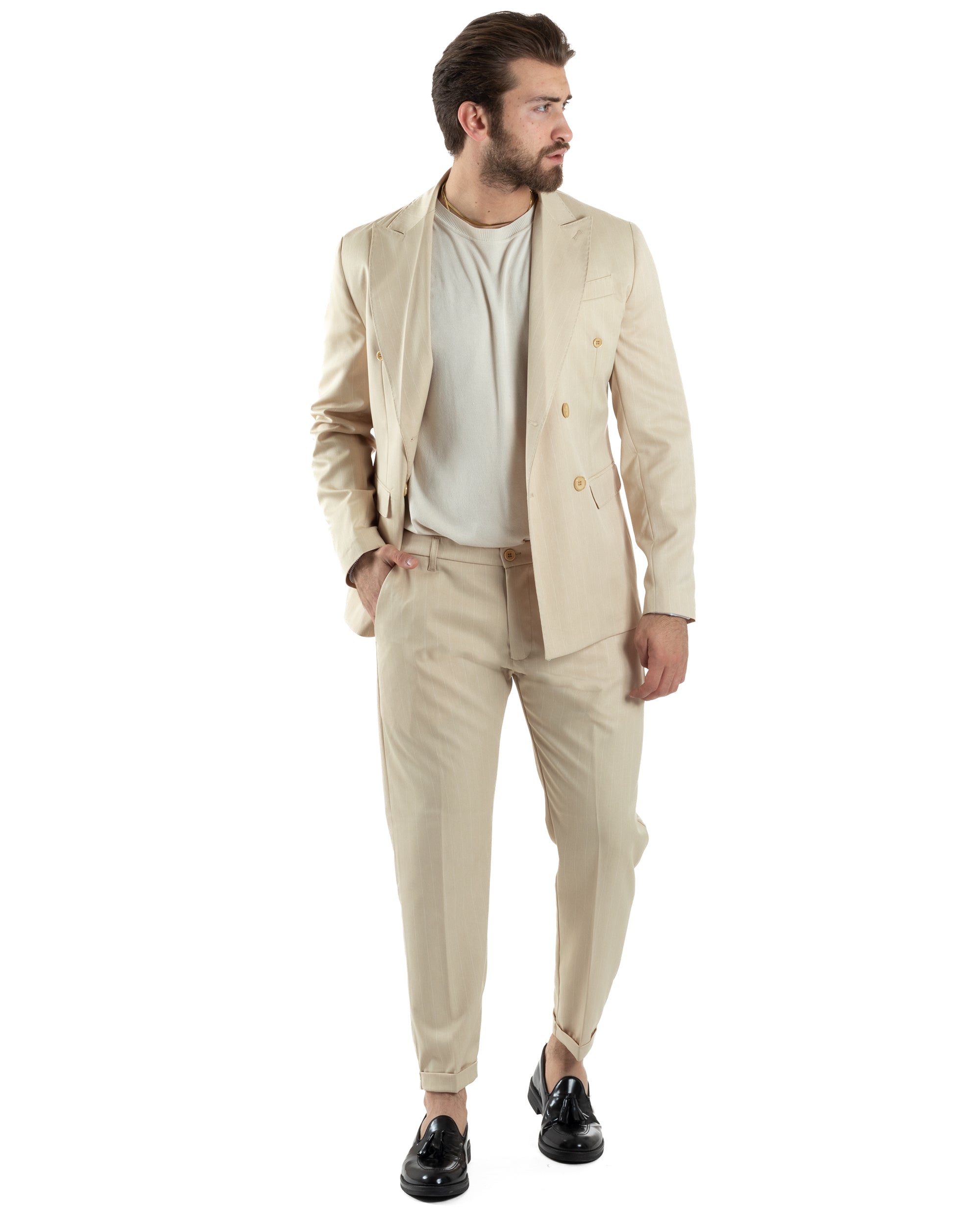 Abito Uomo Doppiopetto Vestito Completo Giacca Pantaloni Beige Gessato Elegante Casual GIOSAL-AE1054A