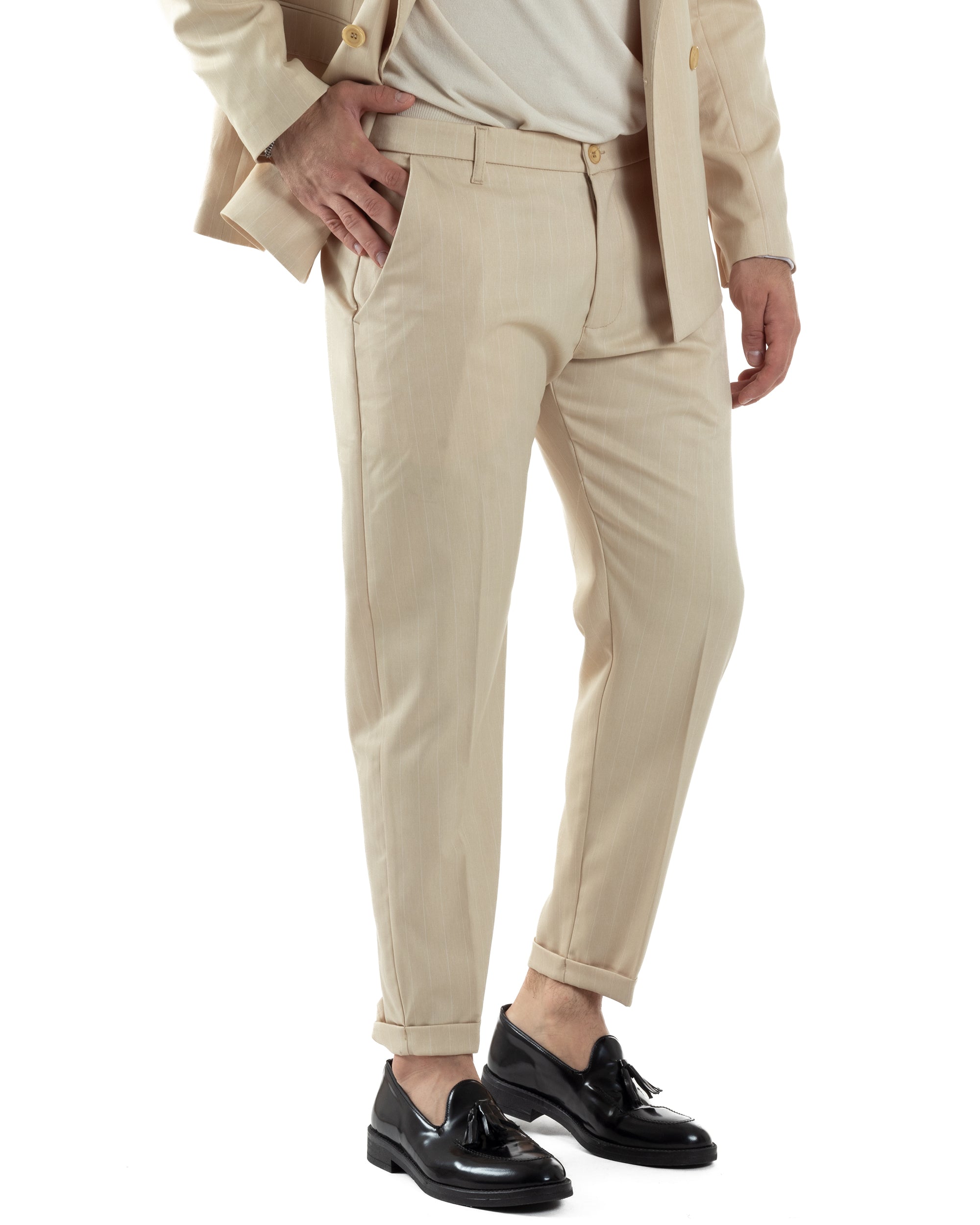 Abito Uomo Doppiopetto Vestito Completo Giacca Pantaloni Beige Gessato Elegante Casual GIOSAL-AE1054A