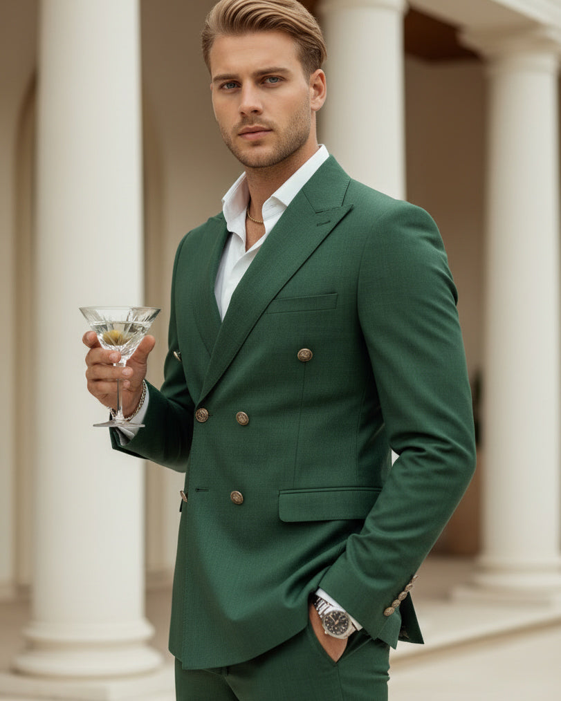 Abito Uomo Doppiopetto Vestito Completo Giacca Pantaloni Bottoni Metallo Verde Melangiato AE1057A