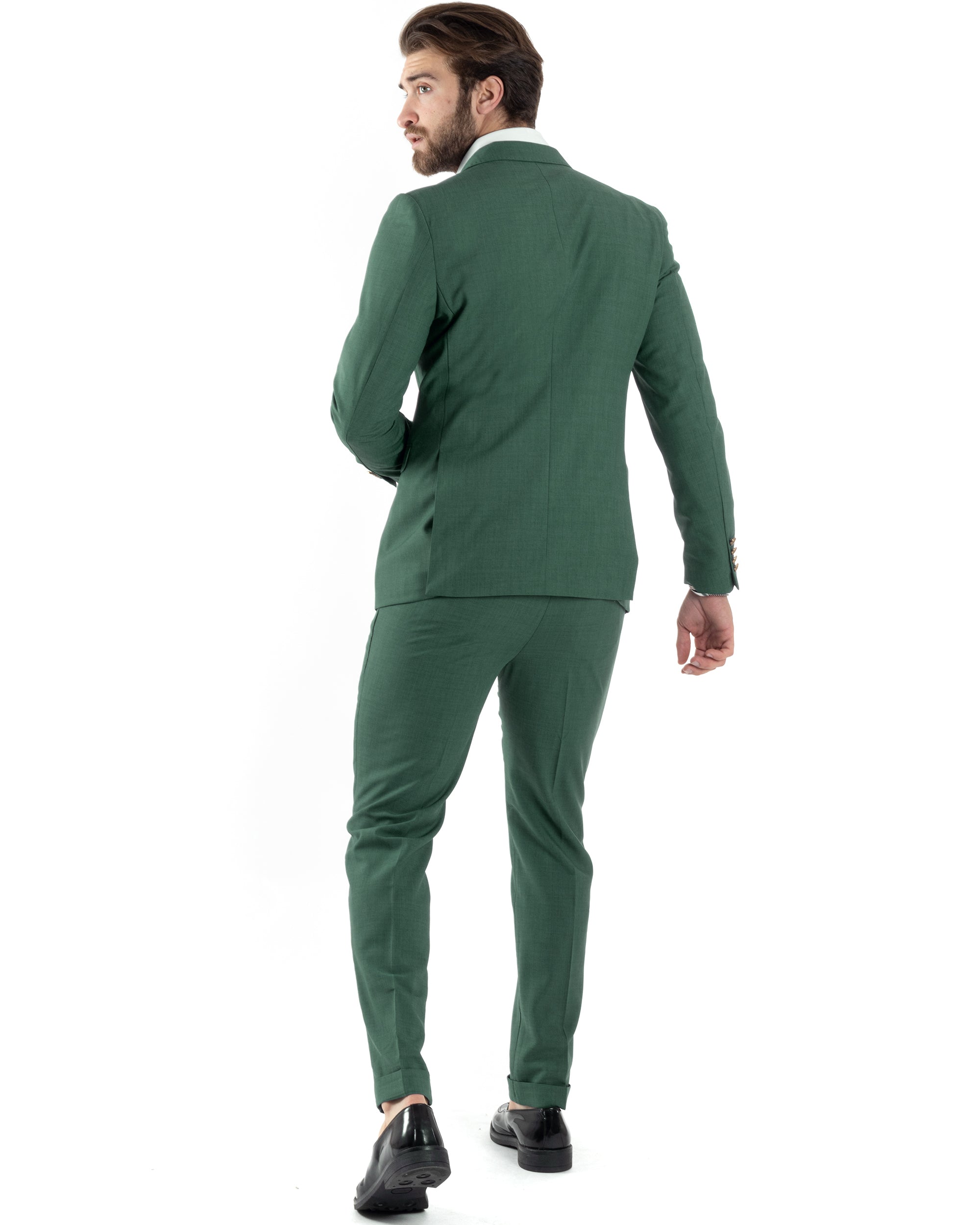 Abito Uomo Doppiopetto Vestito Completo Giacca Pantaloni Bottoni Metallo Verde Melangiato AE1057A