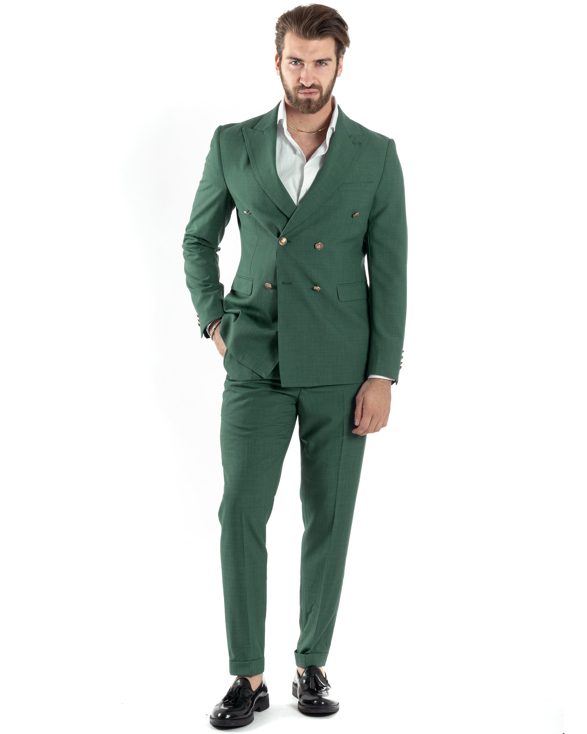 Abito Uomo Doppiopetto Vestito Completo Giacca Pantaloni Bottoni Metallo Verde Melangiato AE1057A