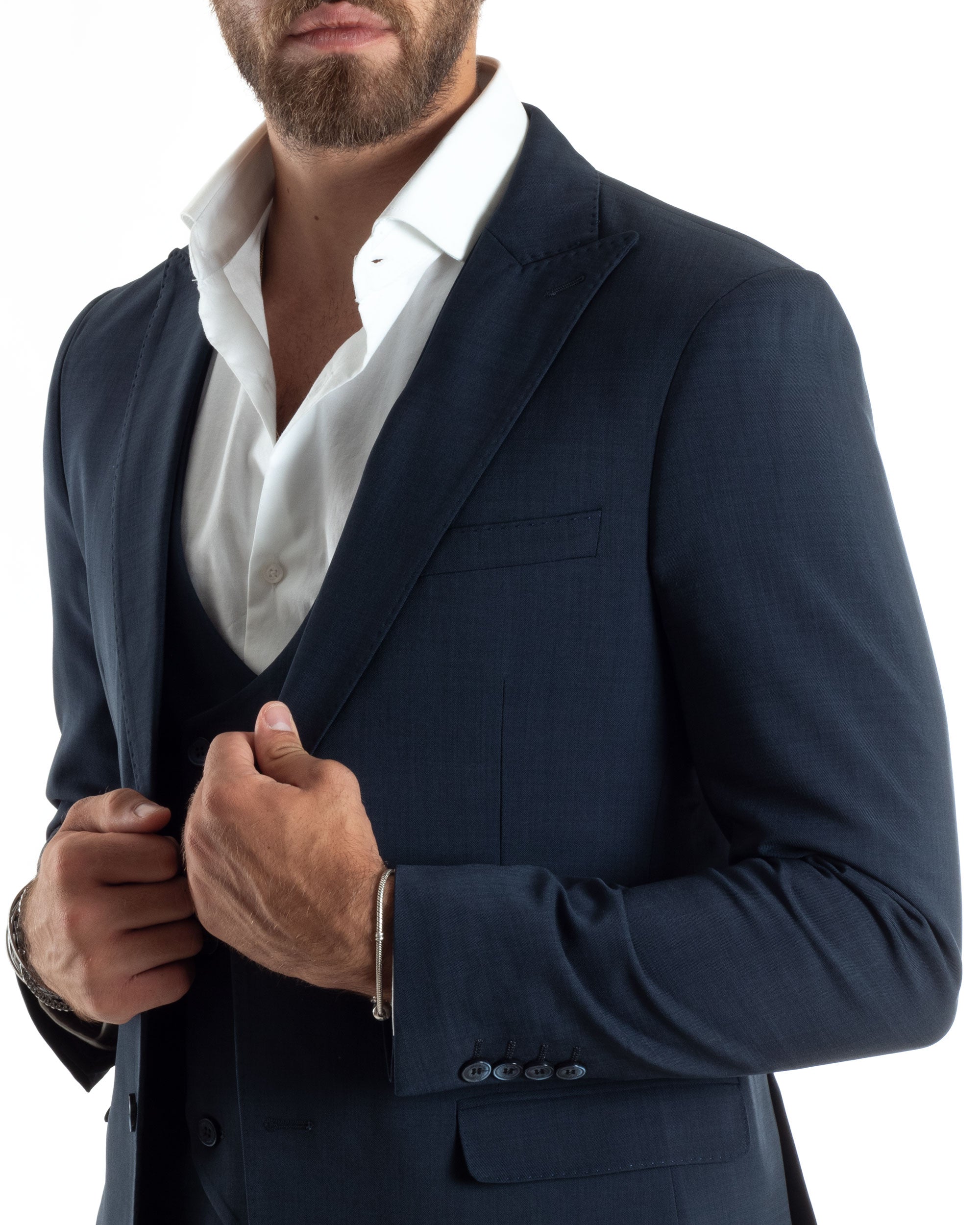 Abito Uomo Monopetto Vestito 3 Pezzi Completo Panciotto Blu Melangiato AE1062A