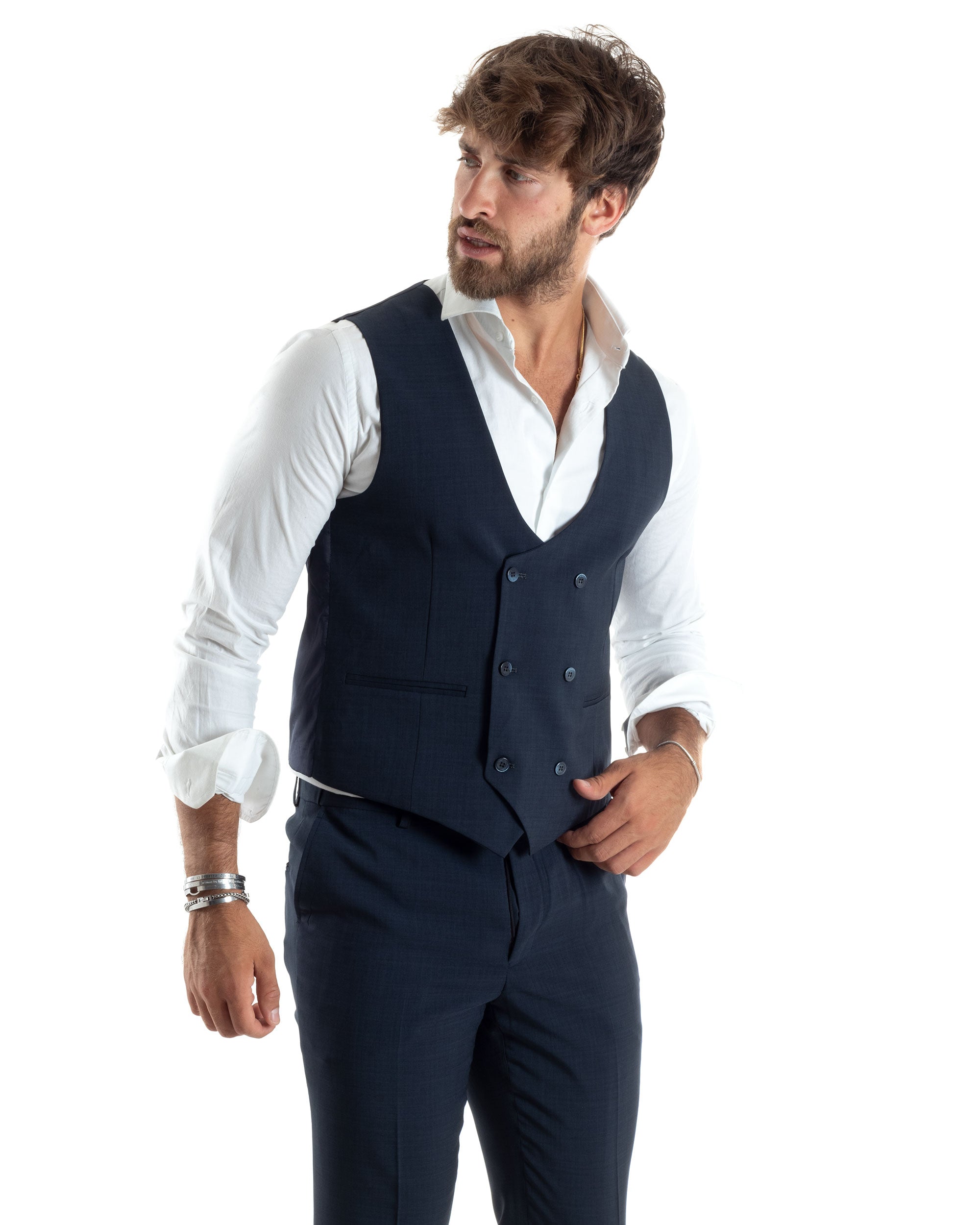 Abito Uomo Monopetto Vestito 3 Pezzi Completo Panciotto Blu Melangiato AE1062A