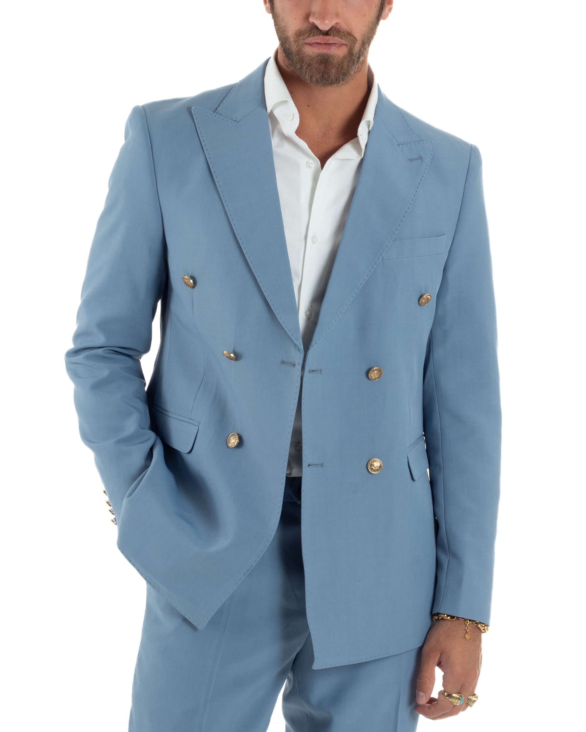 Abito Uomo Doppiopetto Vestito Completo Giacca Pantaloni Bottoni Metallo Polvere AE1163A