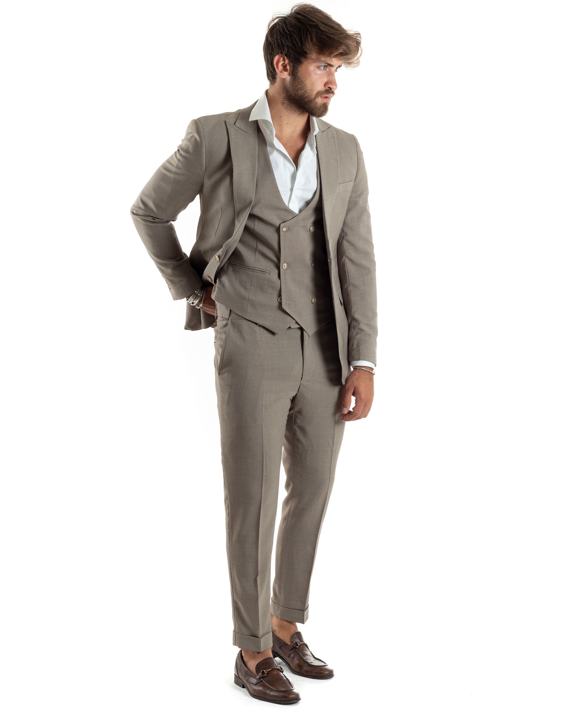 Abito Uomo Monopetto Vestito 3 Pezzi Completo Panciotto Beige Melangiato AE1063A