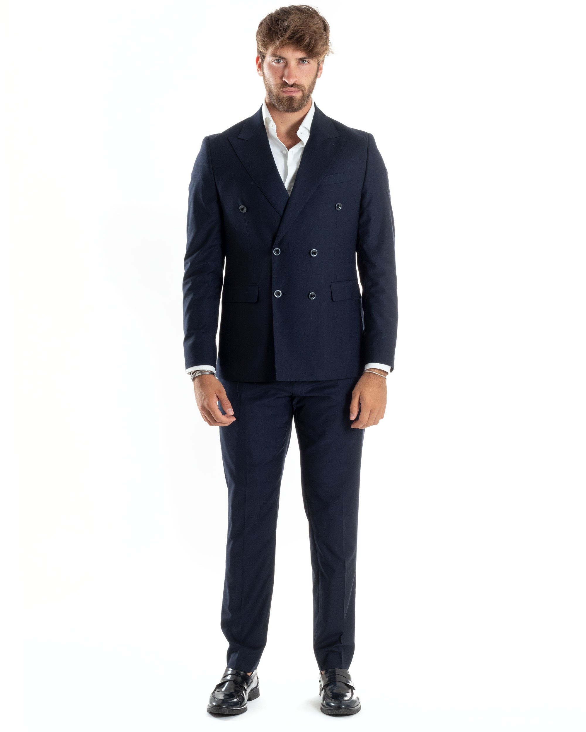 Men's double-breasted suit, viscose jacket and trousers, elegant blue GIOSAL-AE1064A