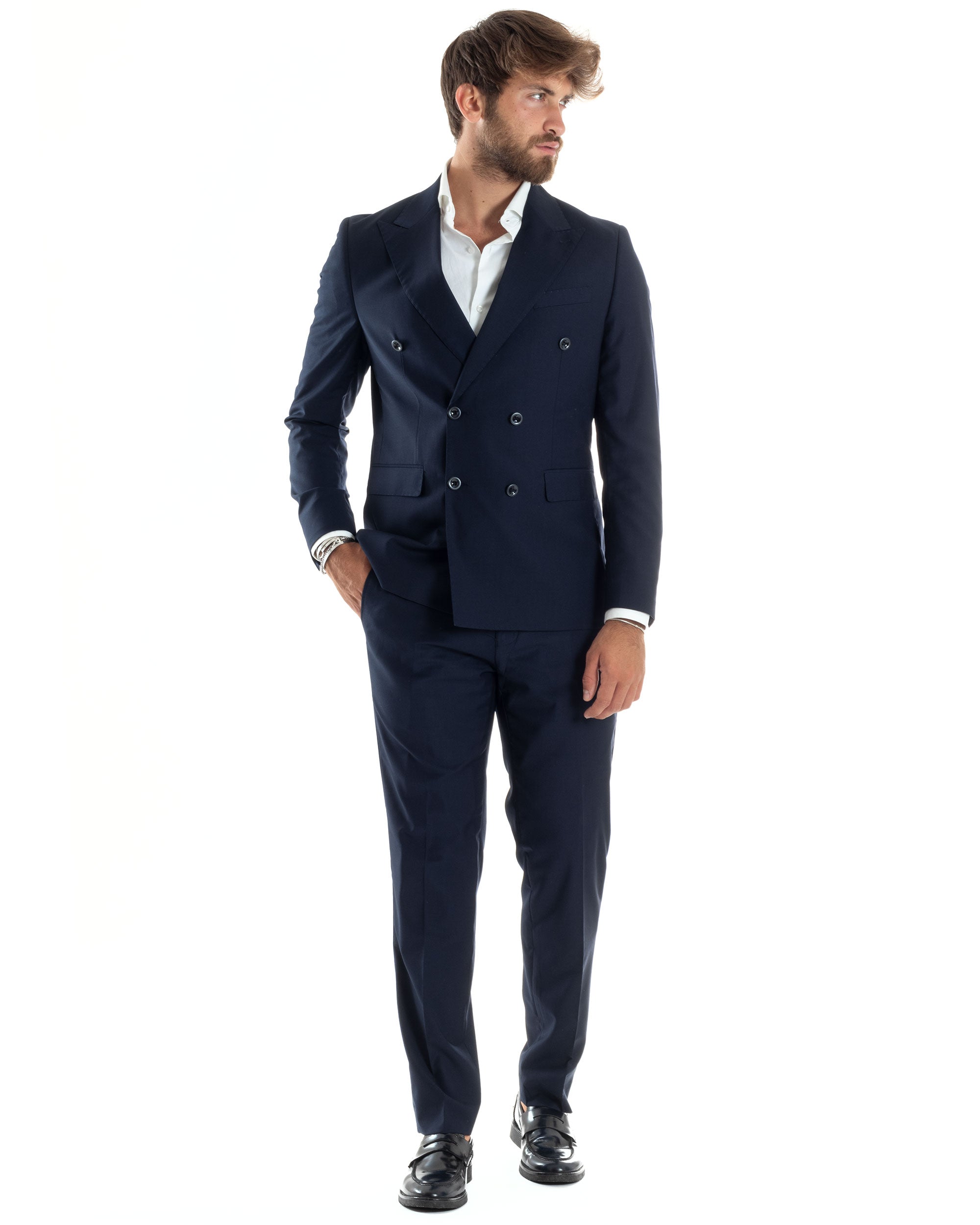 Abito Uomo Doppiopetto Vestito Viscosa Completo Giacca Pantaloni Elegante Sartoriale Casual Tinta Unita Blu GIOSAL-AE1064A