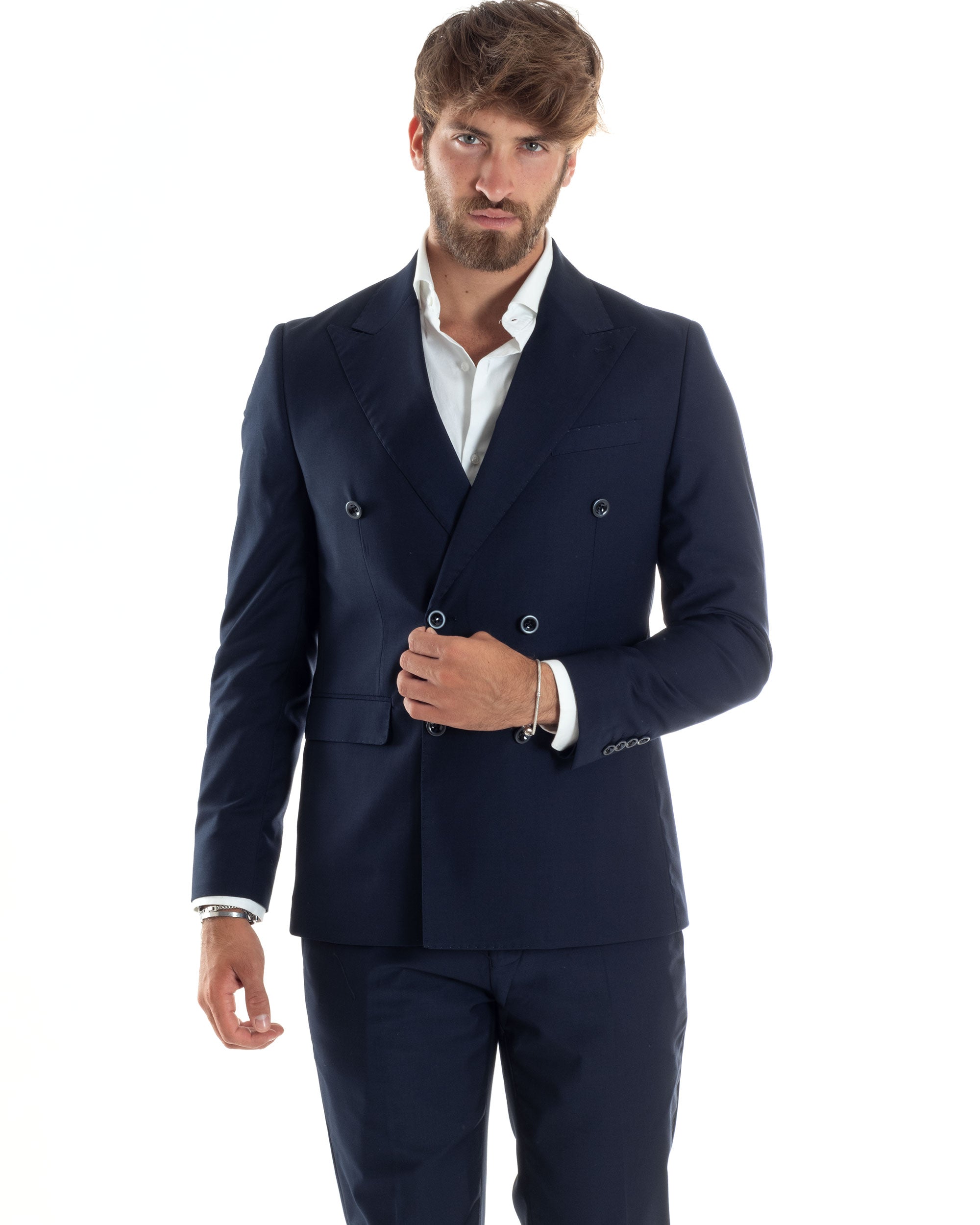 Abito Uomo Doppiopetto Vestito Viscosa Completo Giacca Pantaloni Elegante Sartoriale Casual Tinta Unita Blu GIOSAL-AE1064A