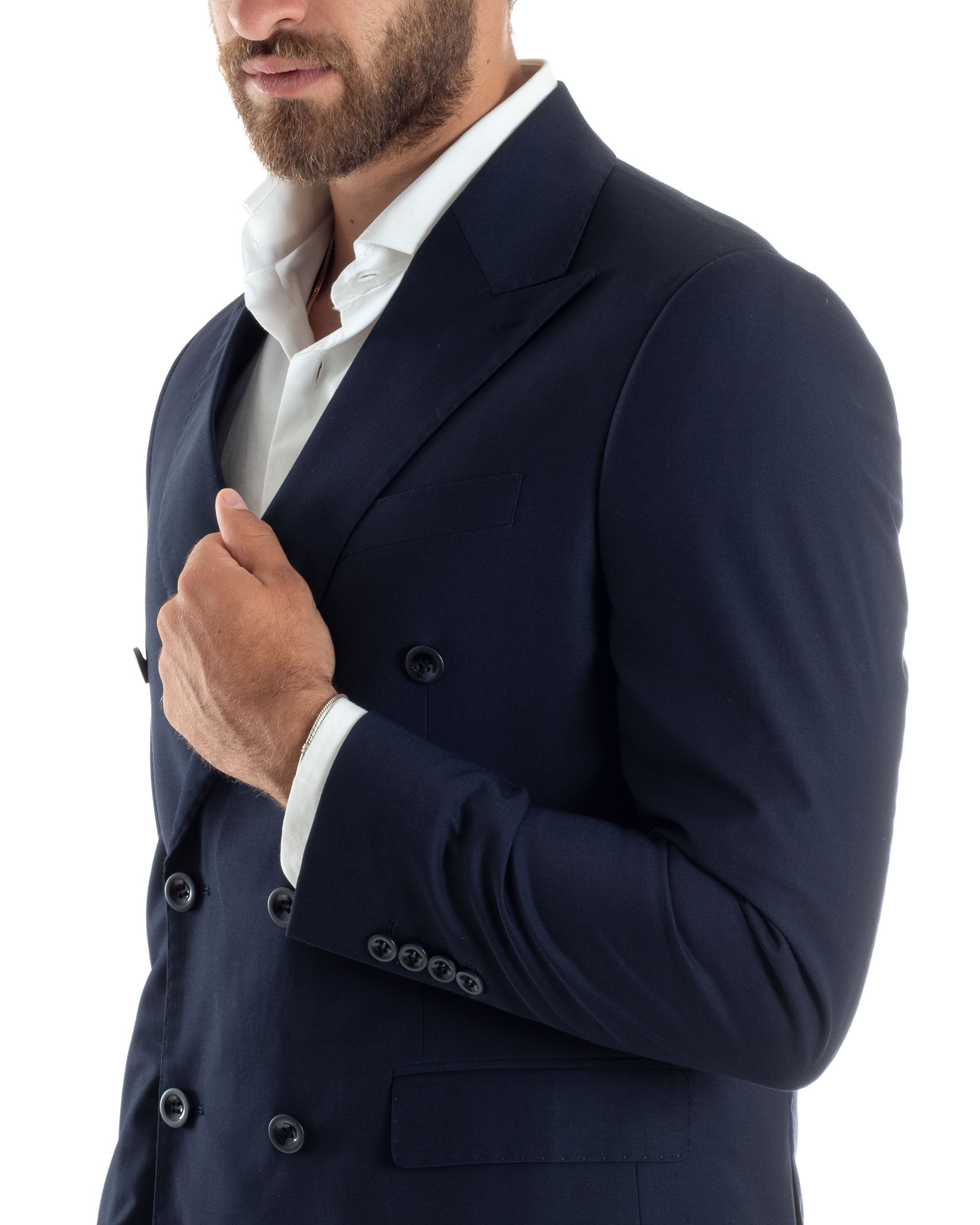 Abito Uomo Doppiopetto Vestito Viscosa Completo Giacca Pantaloni Elegante Sartoriale Casual Tinta Unita Blu GIOSAL-AE1064A