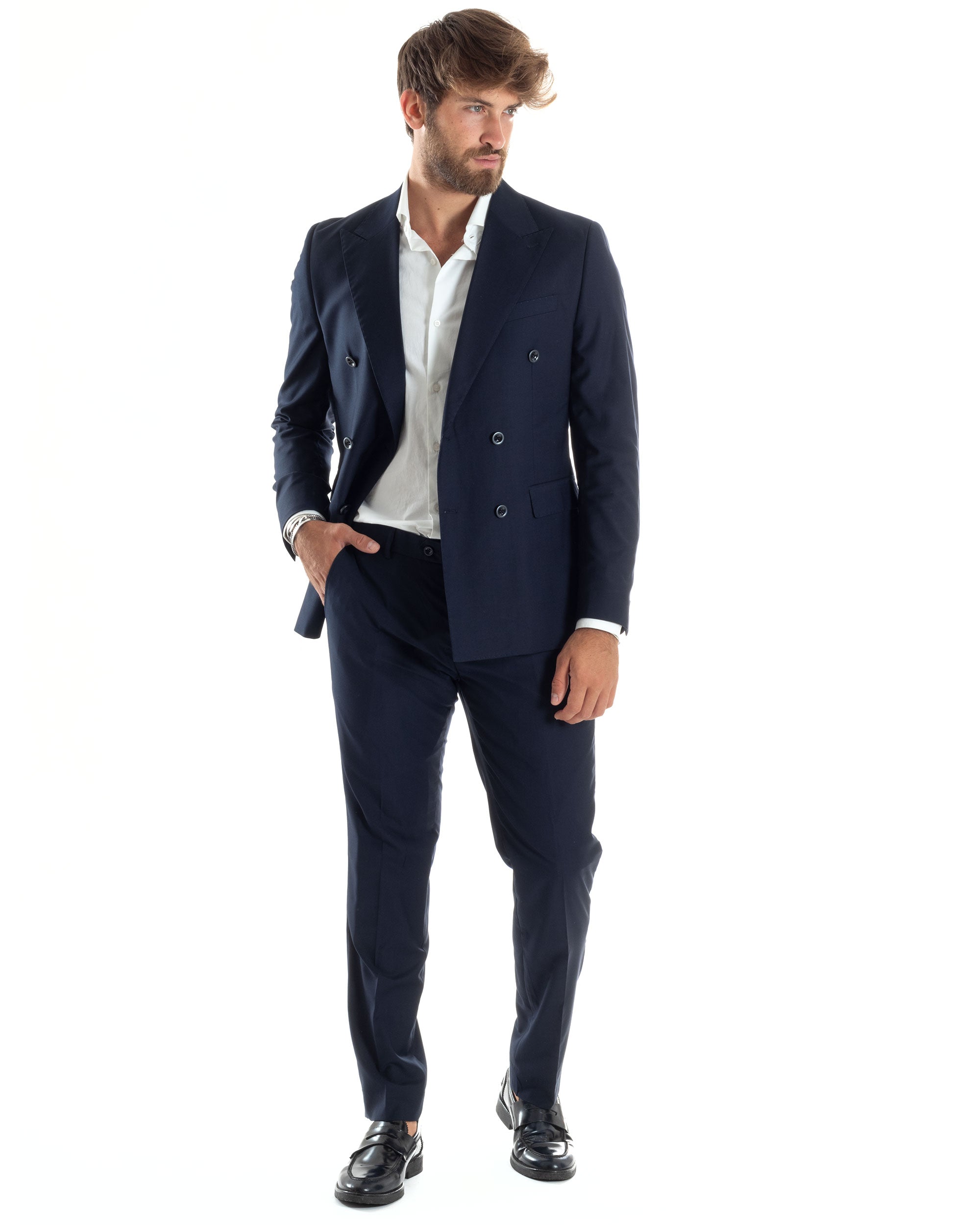 Abito Uomo Doppiopetto Vestito Viscosa Completo Giacca Pantaloni Elegante Sartoriale Casual Tinta Unita Blu GIOSAL-AE1064A