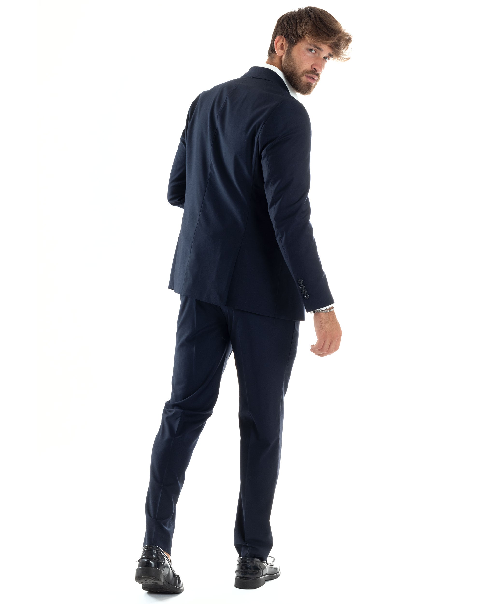 Abito Uomo Doppiopetto Vestito Viscosa Completo Giacca Pantaloni Elegante Sartoriale Casual Tinta Unita Blu GIOSAL-AE1064A
