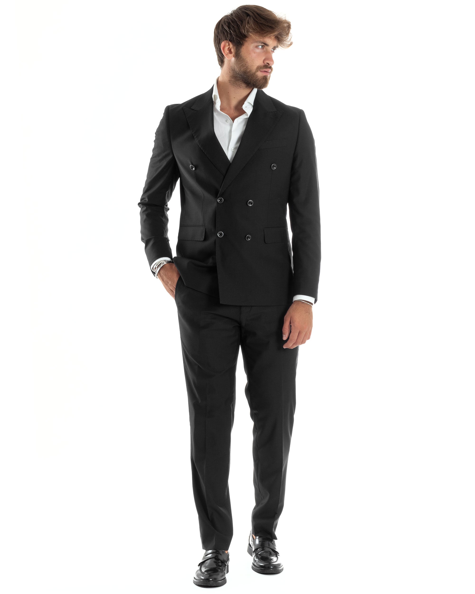 Abito Uomo Doppiopetto Vestito Viscosa Completo Giacca Pantaloni Elegante Sartoriale Casual Tinta Unita Nero GIOSAL-AE1065A