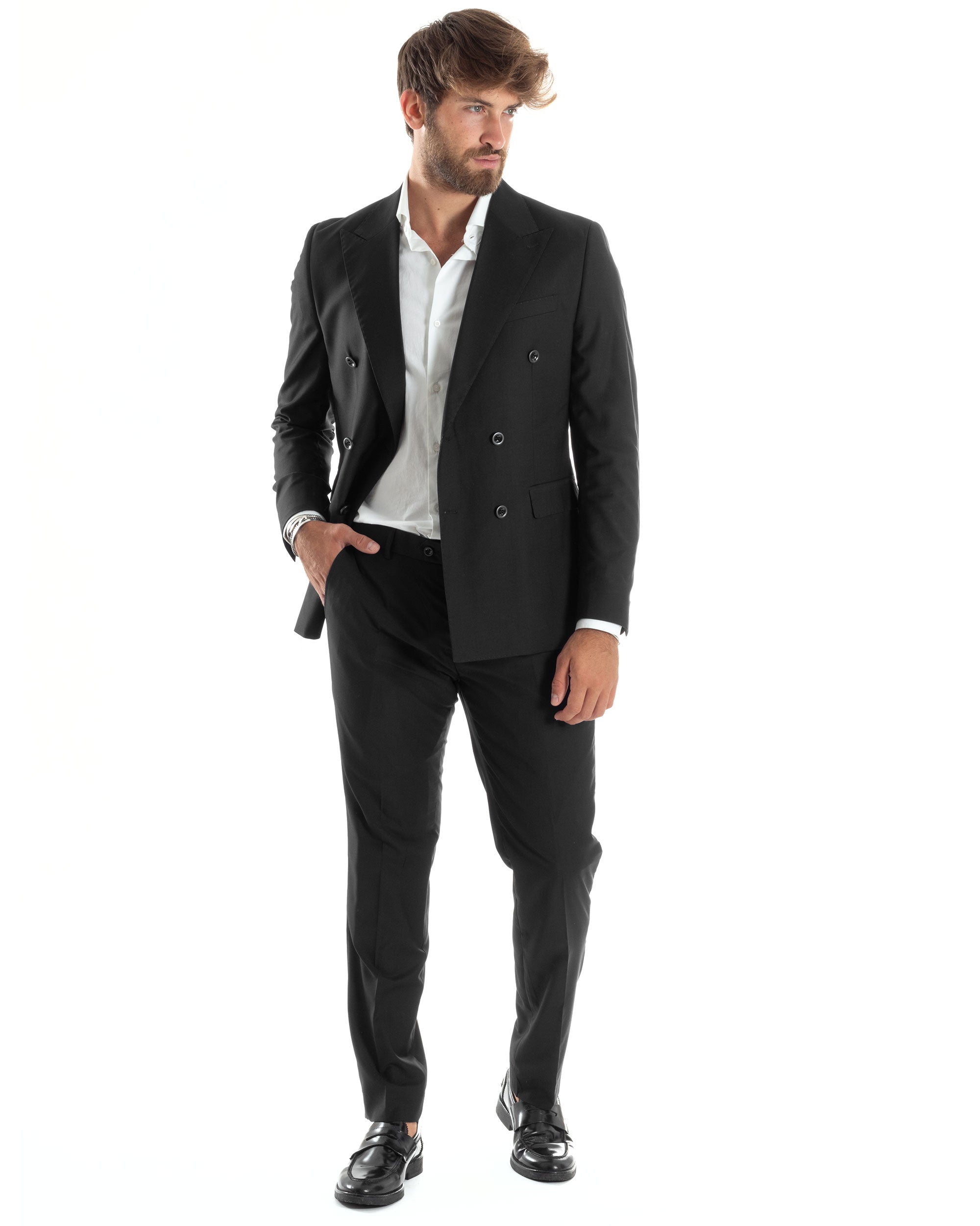 Abito Uomo Doppiopetto Vestito Viscosa Completo Giacca Pantaloni Elegante Sartoriale Casual Tinta Unita Nero GIOSAL-AE1065A