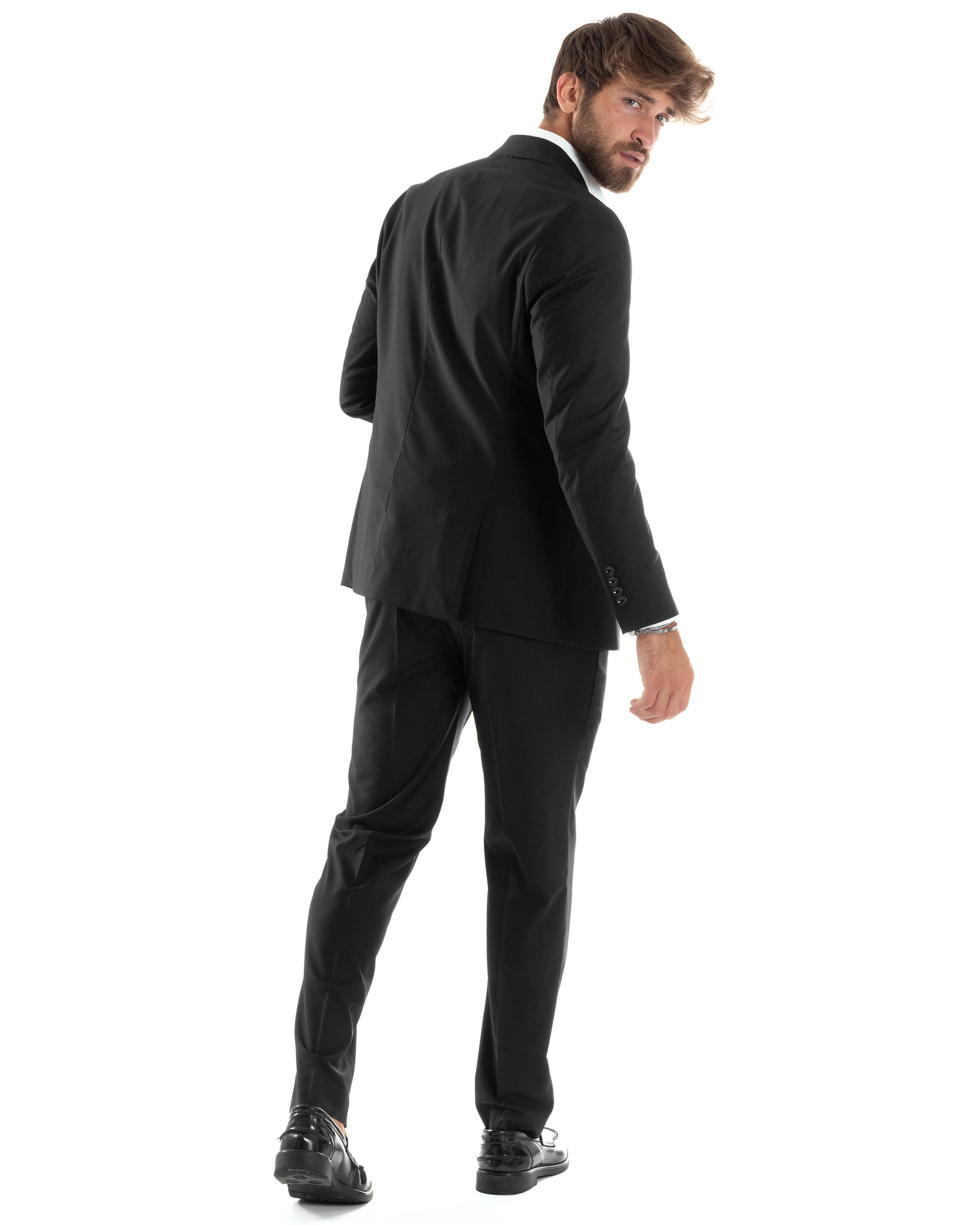 Abito Uomo Doppiopetto Vestito Viscosa Completo Giacca Pantaloni Elegante Sartoriale Casual Tinta Unita Nero GIOSAL-AE1065A