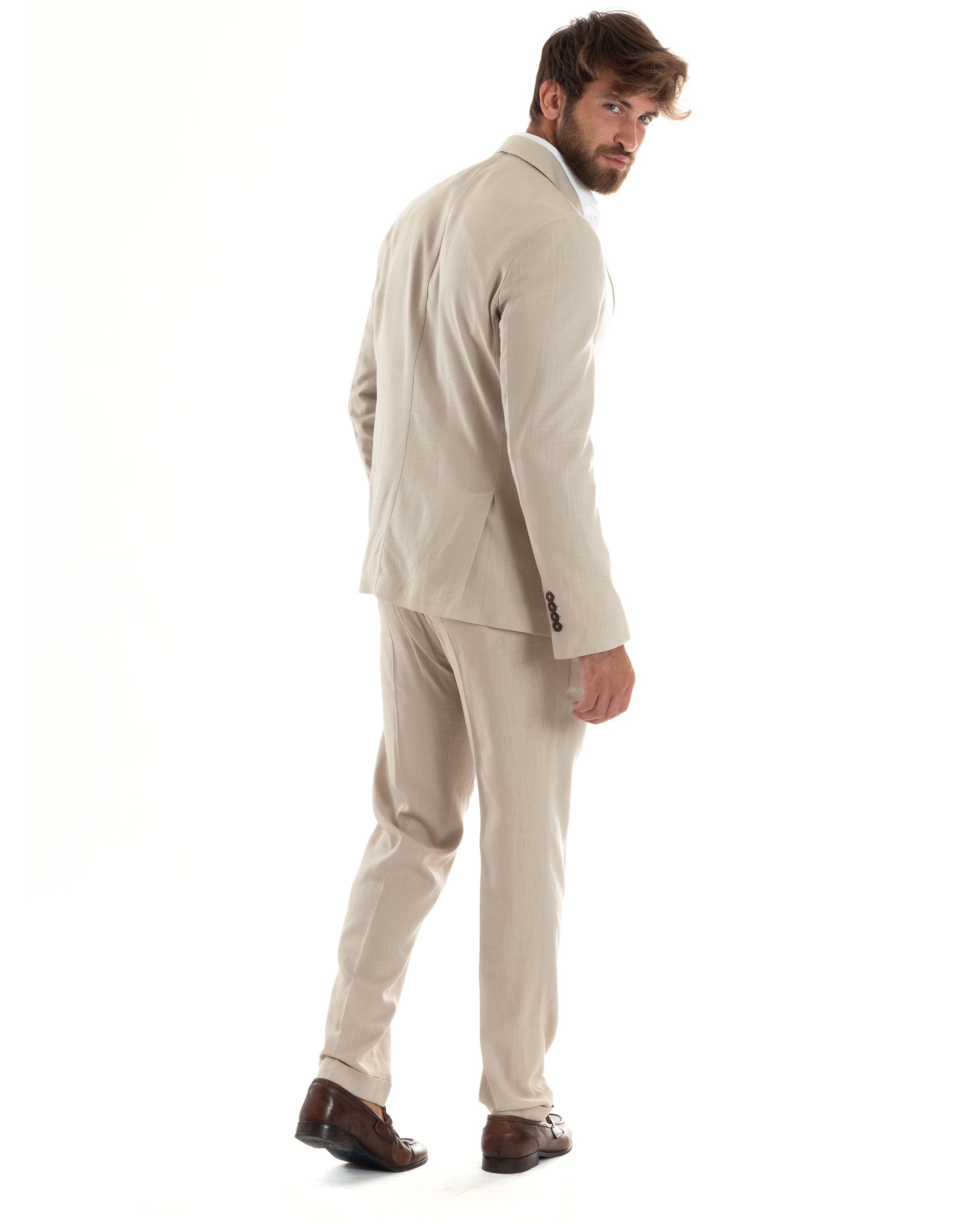 Abito Uomo Completo Lino Vestito Monopetto Sartoriale Giacca Pantaloni Casual Elegante Tinta Unita Beige GIOSAL-AE1073A