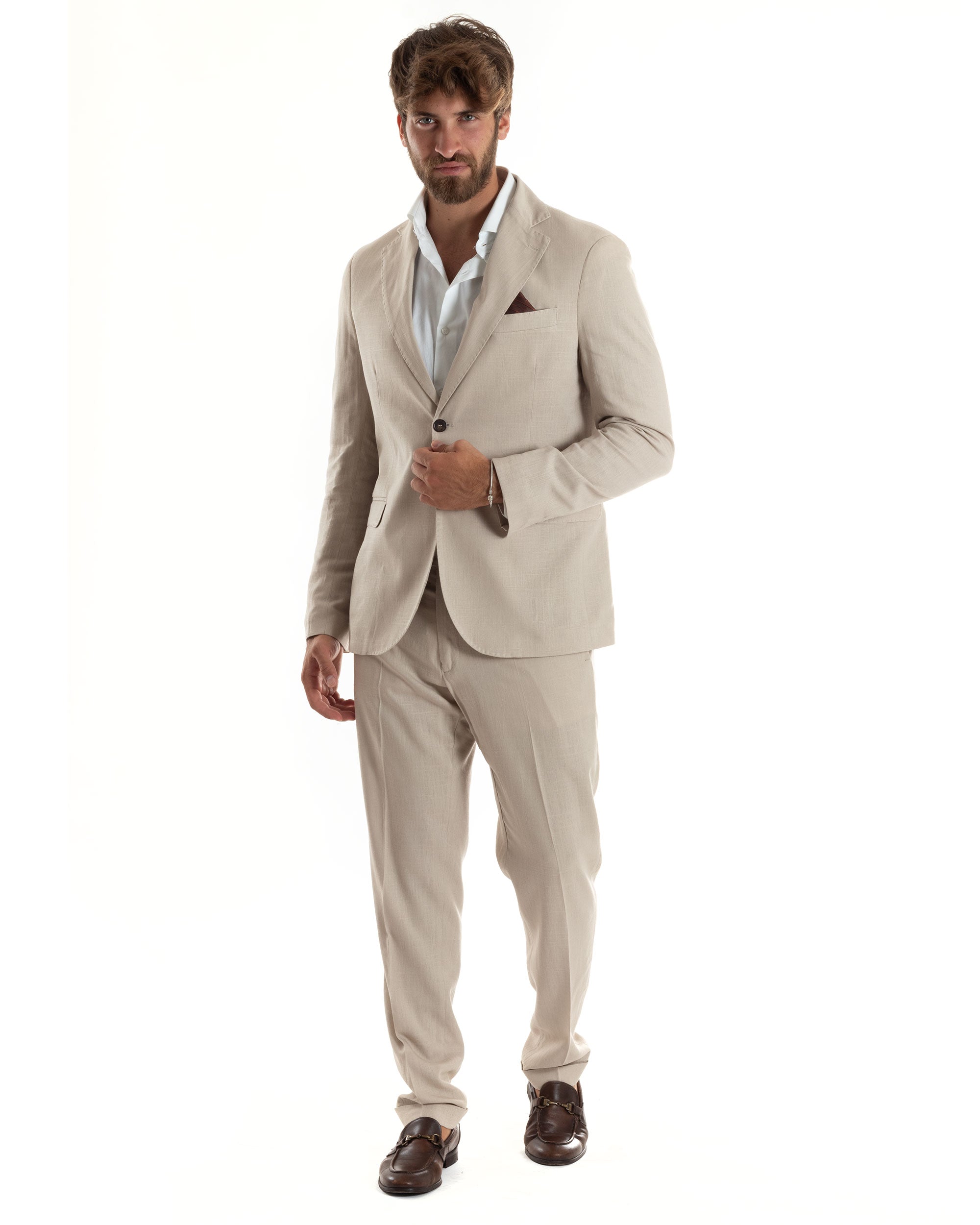 Abito Uomo Completo Lino Vestito Monopetto Sartoriale Giacca Pantaloni Casual Elegante Tinta Unita Beige GIOSAL-AE1073A
