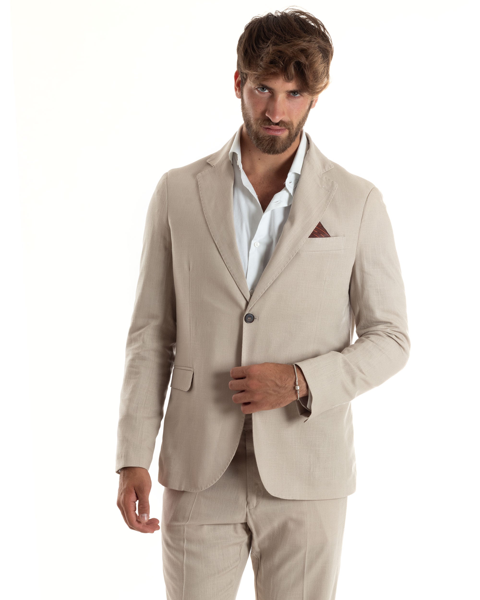 Abito Uomo Completo Lino Vestito Monopetto Sartoriale Giacca Pantaloni Casual Elegante Tinta Unita Beige GIOSAL-AE1073A