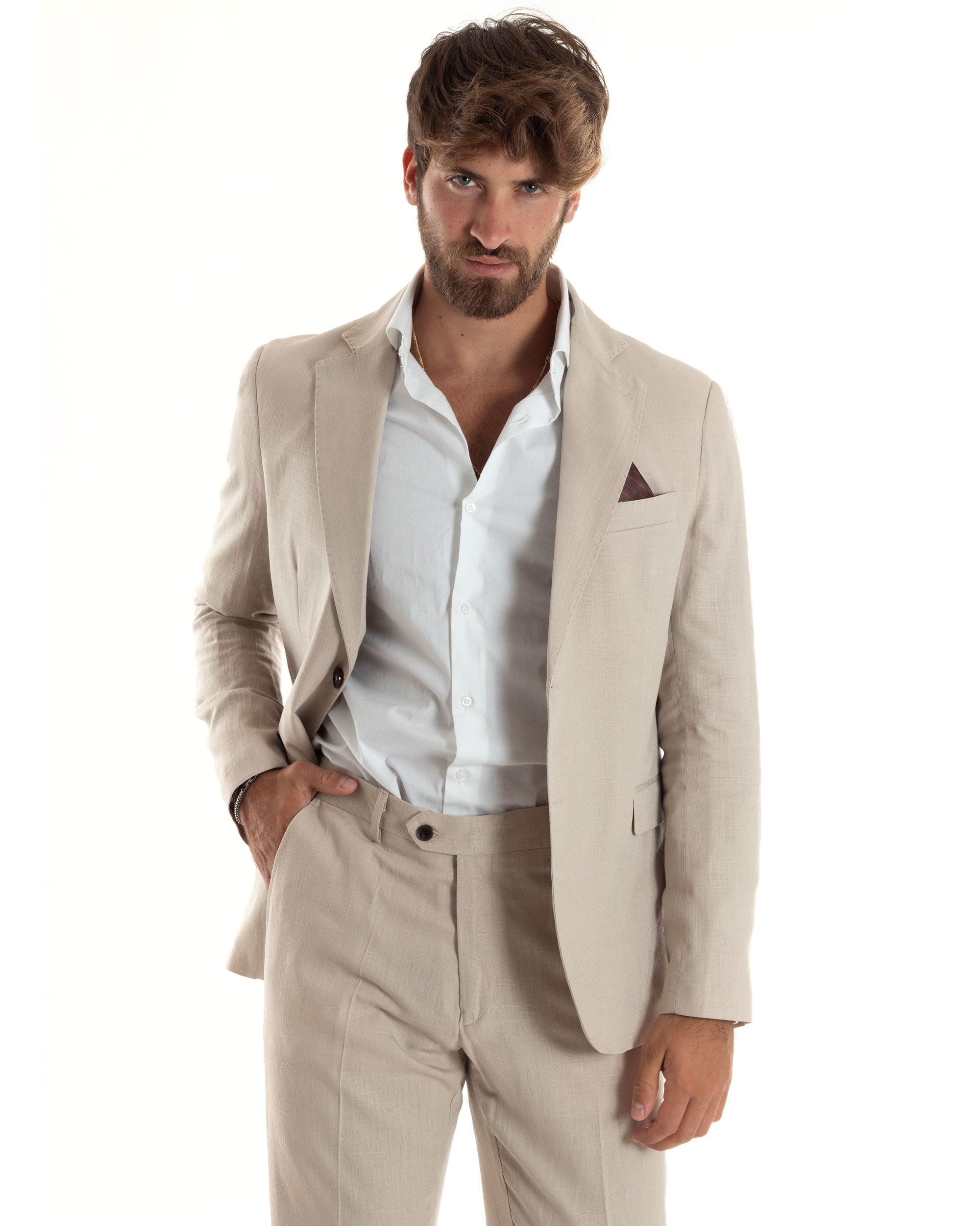 Abito Uomo Completo Lino Vestito Monopetto Sartoriale Giacca Pantaloni Casual Elegante Tinta Unita Beige GIOSAL-AE1073A