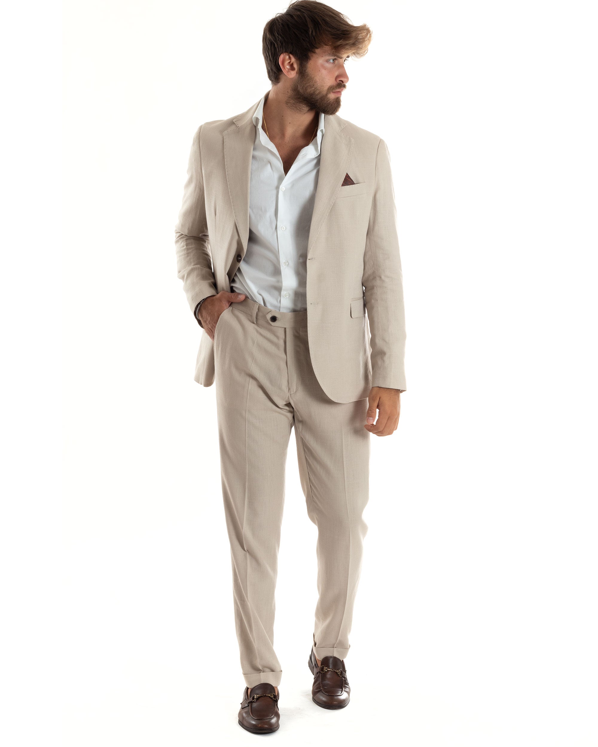 Abito Uomo Completo Lino Vestito Monopetto Sartoriale Giacca Pantaloni Casual Elegante Tinta Unita Beige GIOSAL-AE1073A