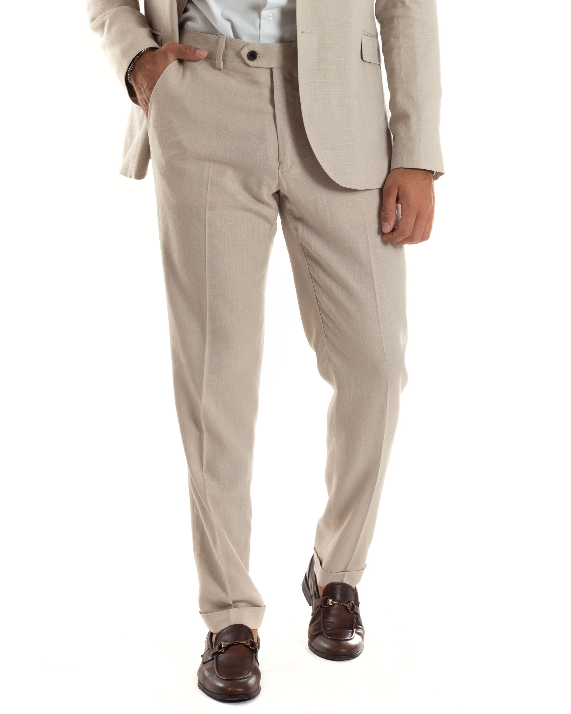 Abito Uomo Completo Lino Vestito Monopetto Sartoriale Giacca Pantaloni Casual Elegante Tinta Unita Beige GIOSAL-AE1073A