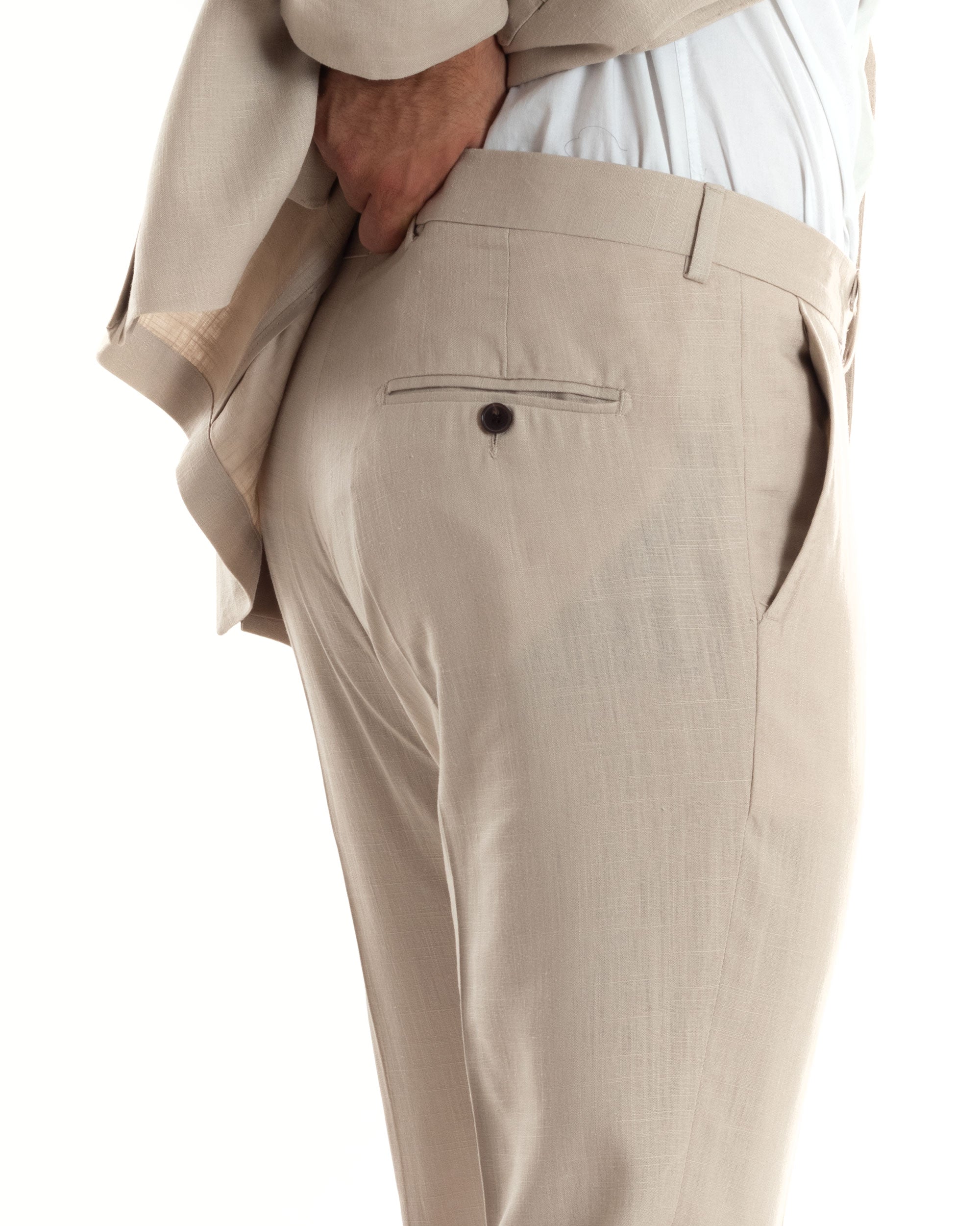 Abito Uomo Completo Lino Vestito Monopetto Sartoriale Giacca Pantaloni Casual Elegante Tinta Unita Beige GIOSAL-AE1073A