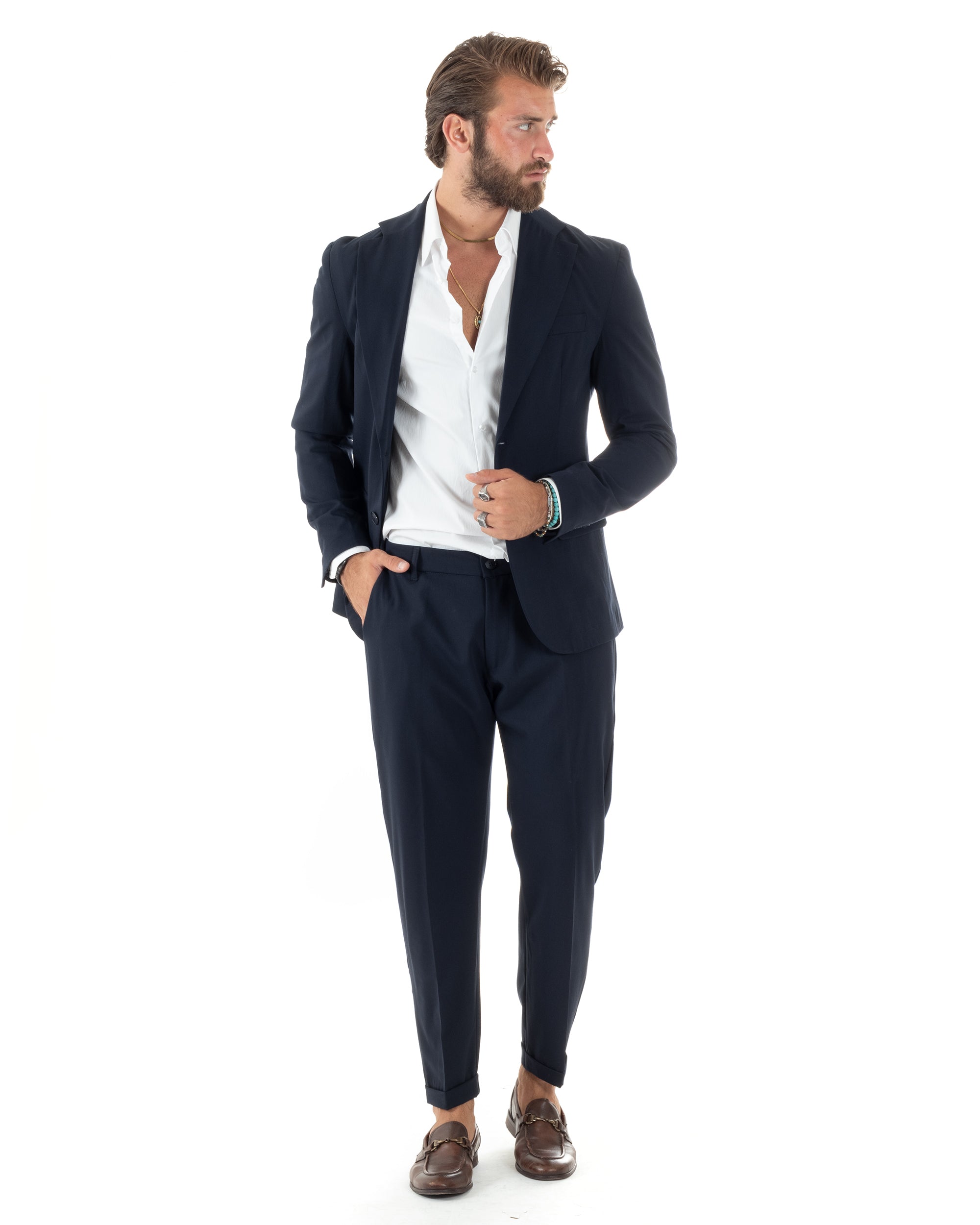 Abito Uomo Monopetto Vestito Viscosa Completo Giacca Pantaloni Elegante Casual Tinta Unita Blu GIOSAL-AE1077A