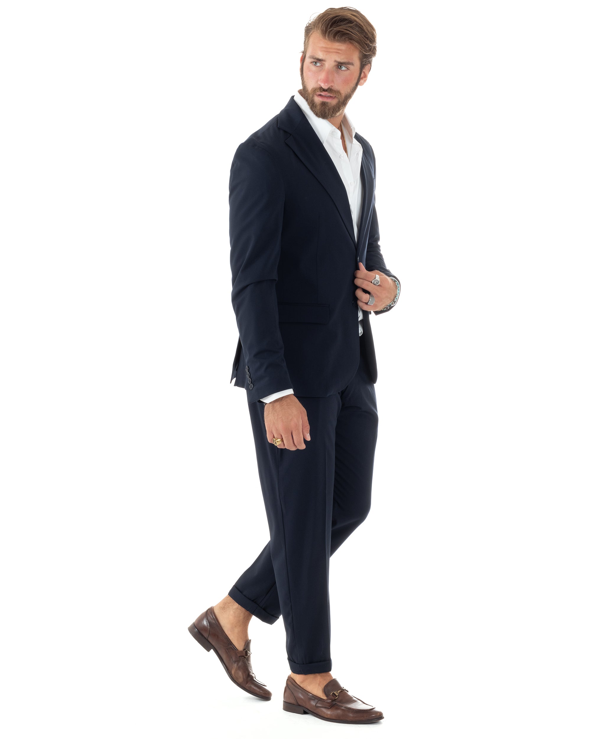 Abito Uomo Monopetto Vestito Viscosa Completo Giacca Pantaloni Elegante Casual Tinta Unita Blu GIOSAL-AE1077A