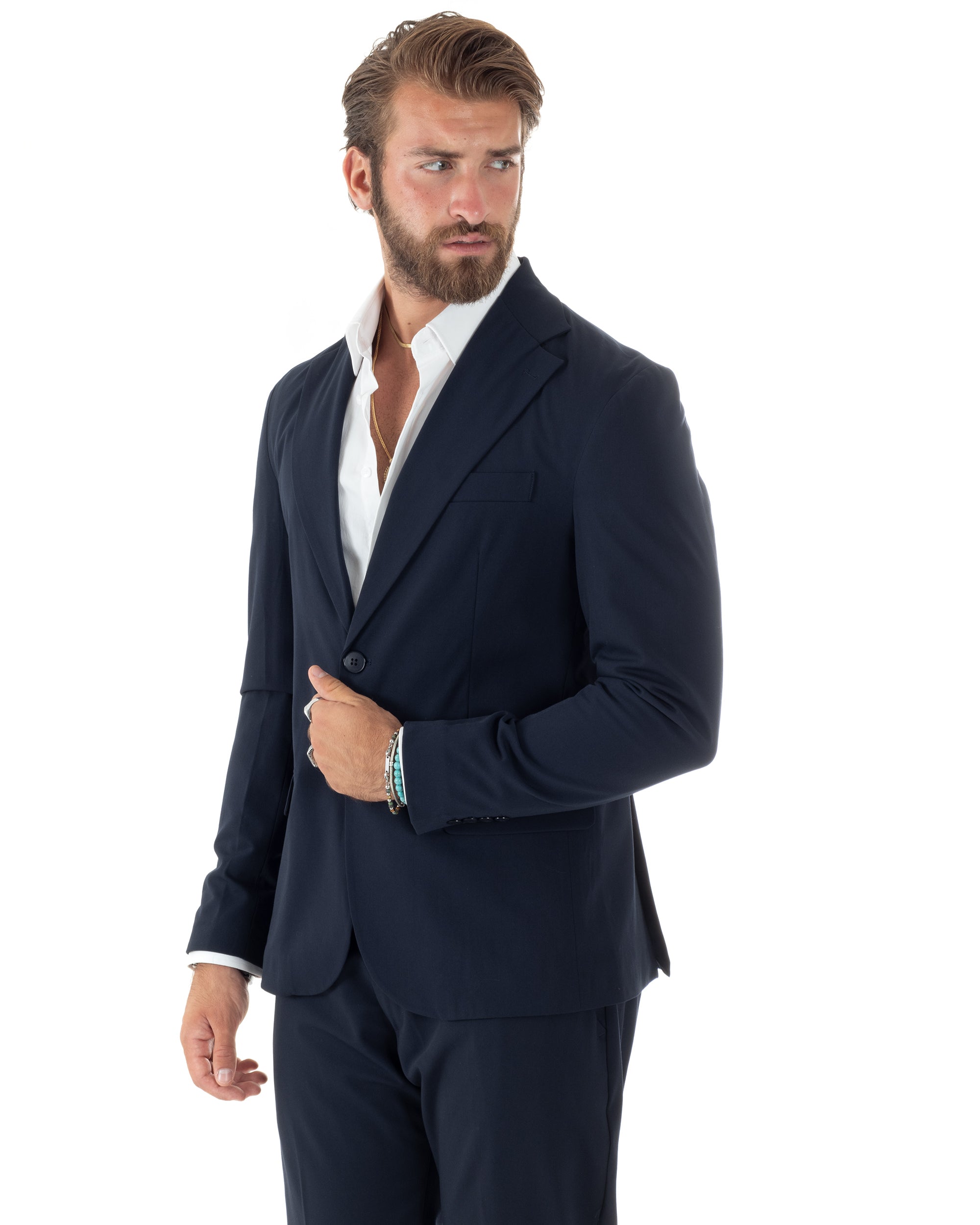 Abito Uomo Monopetto Vestito Viscosa Completo Giacca Pantaloni Elegante Casual Tinta Unita Blu GIOSAL-AE1077A