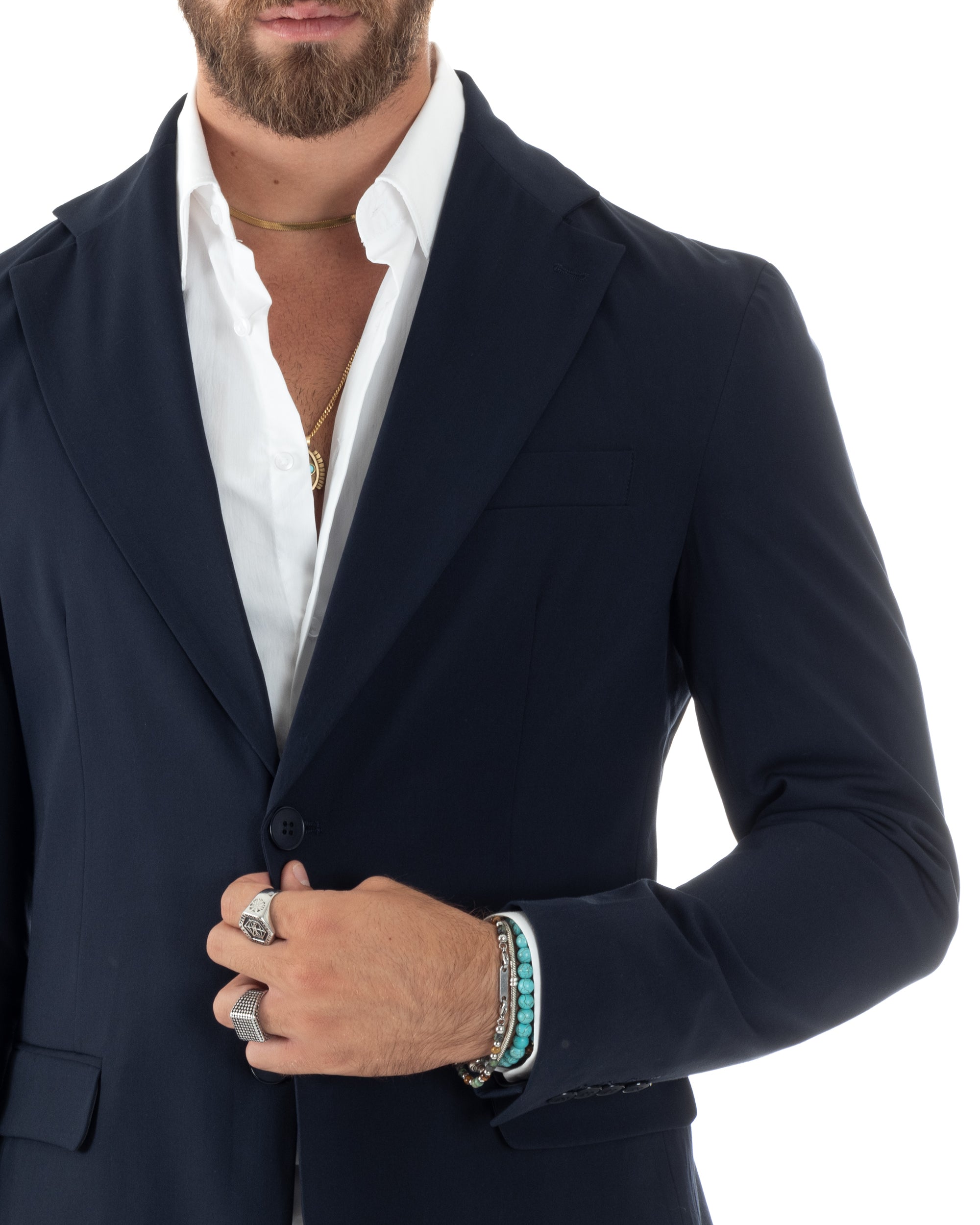 Abito Uomo Monopetto Vestito Viscosa Completo Giacca Pantaloni Elegante Casual Tinta Unita Blu GIOSAL-AE1077A