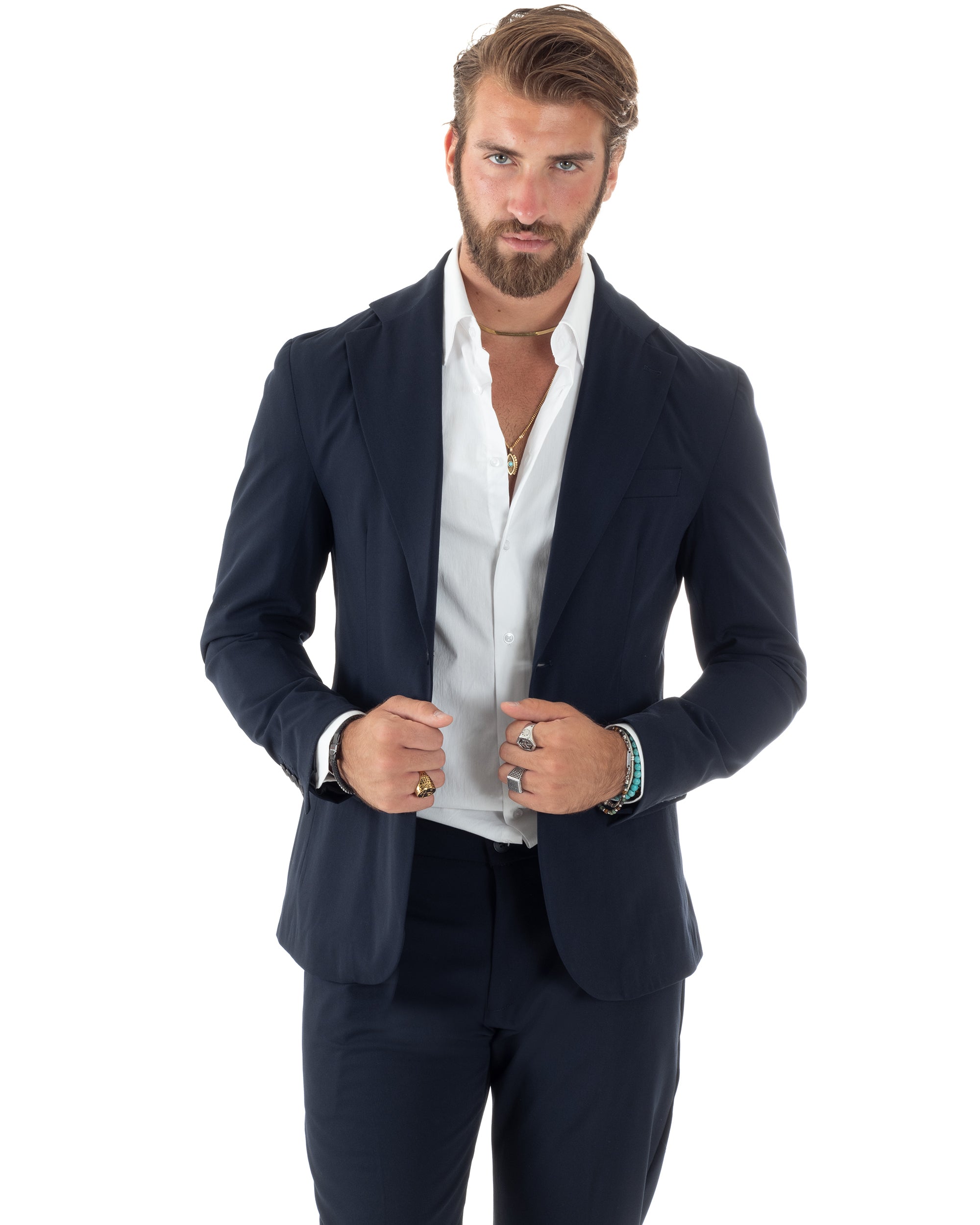 Abito Uomo Monopetto Vestito Viscosa Completo Giacca Pantaloni Elegante Casual Tinta Unita Blu GIOSAL-AE1077A