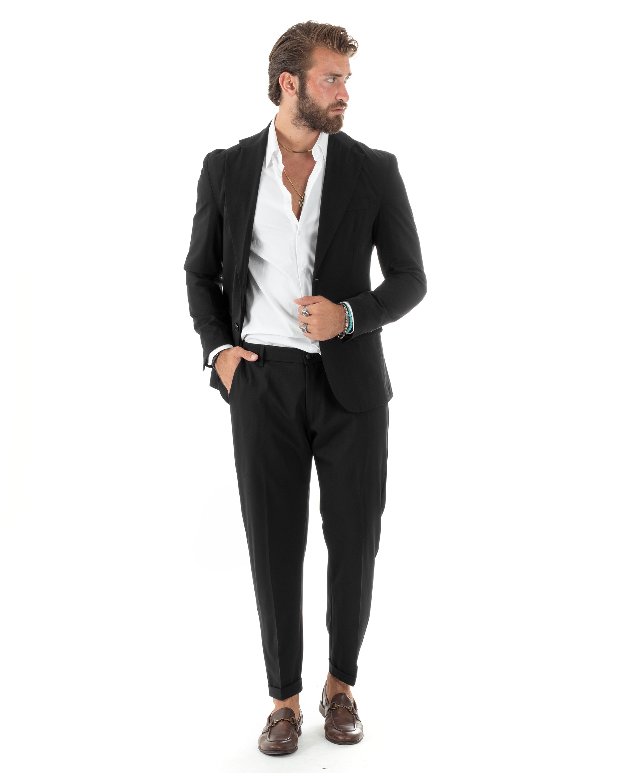 Abito Uomo Monopetto Vestito Viscosa Completo Giacca Pantaloni Elegante Casual Tinta Unita Nero GIOSAL-AE1079A