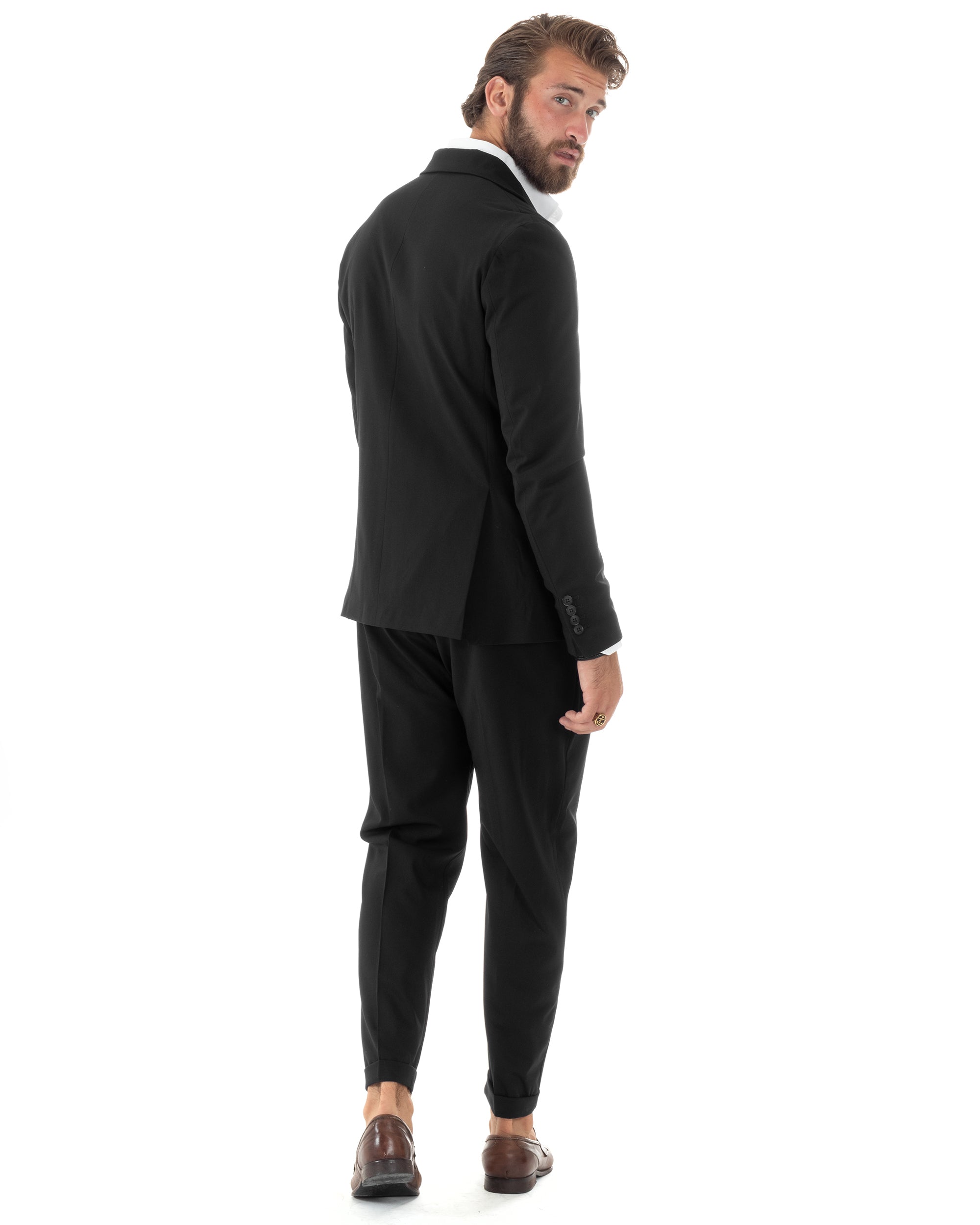 Abito Uomo Monopetto Vestito Viscosa Completo Giacca Pantaloni Elegante Casual Tinta Unita Nero GIOSAL-AE1079A