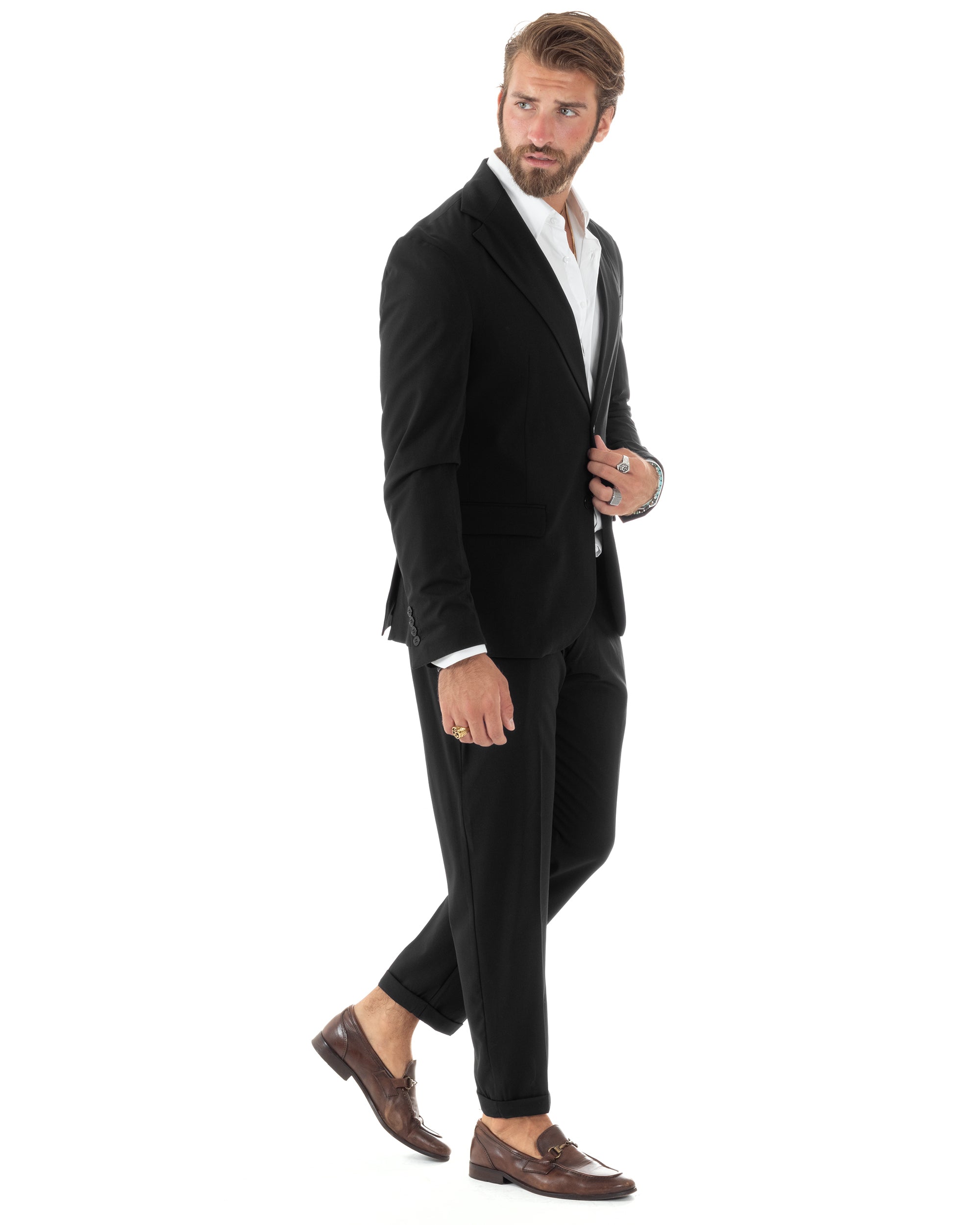 Abito Uomo Monopetto Vestito Viscosa Completo Giacca Pantaloni Elegante Casual Tinta Unita Nero GIOSAL-AE1079A