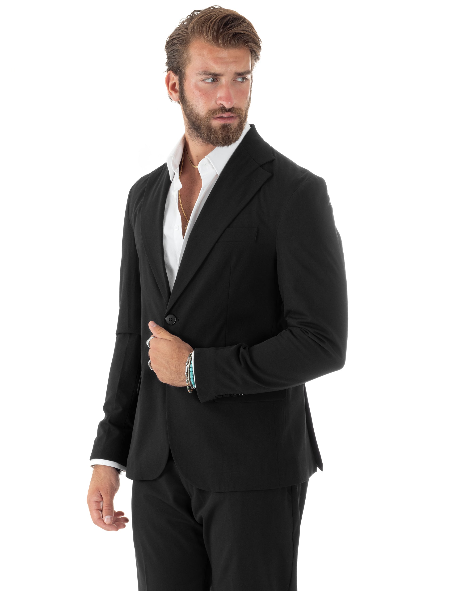 Abito Uomo Monopetto Vestito Viscosa Completo Giacca Pantaloni Elegante Casual Tinta Unita Nero GIOSAL-AE1079A